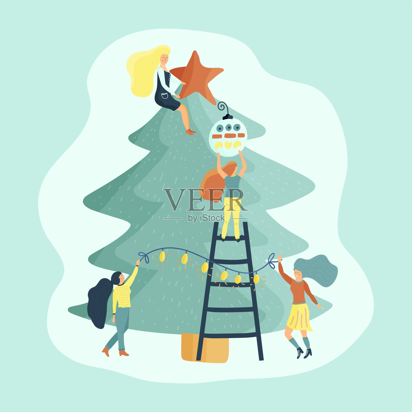 小女孩角色装饰圣诞树。平面风格矢量插图。设计元素图片