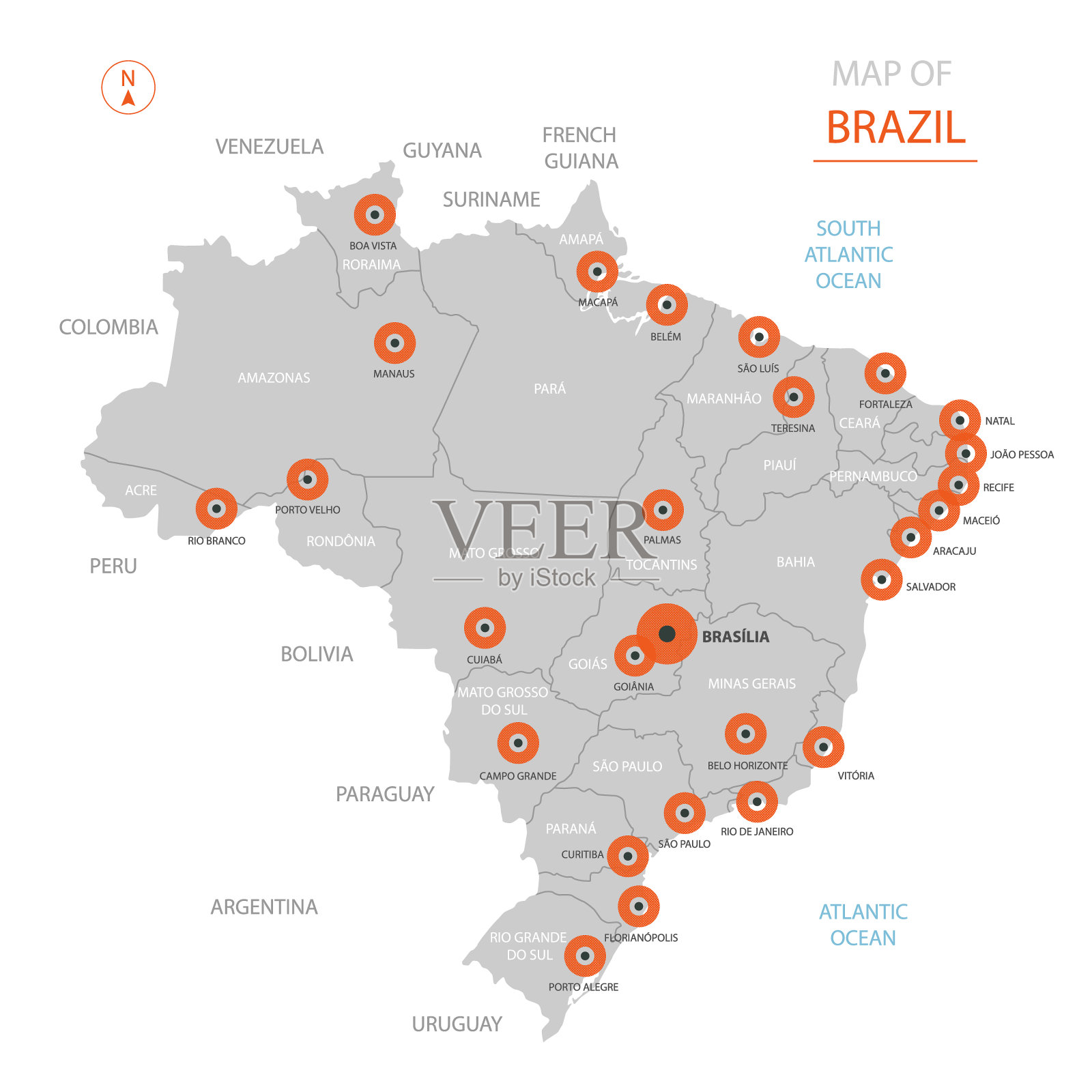 巴西地图与行政区划。插画图片素材