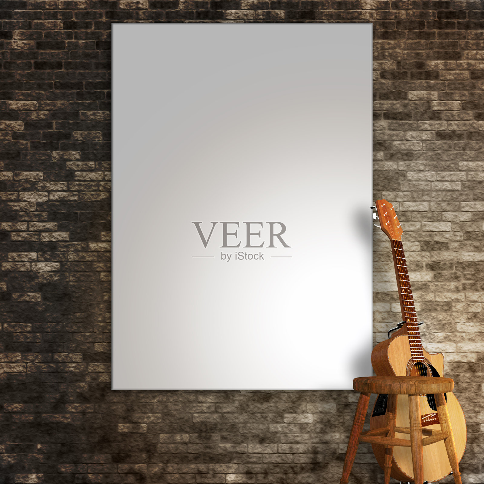 3d渲染的空白画布在墙上与吉他和凳子插画图片素材