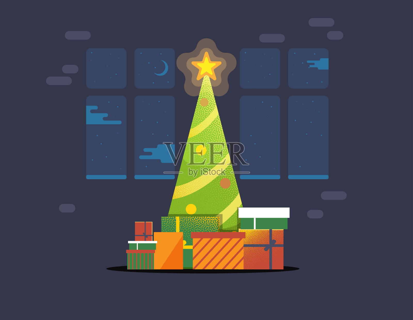 圣诞和新年贺卡与圣诞树和礼物。插画图片素材