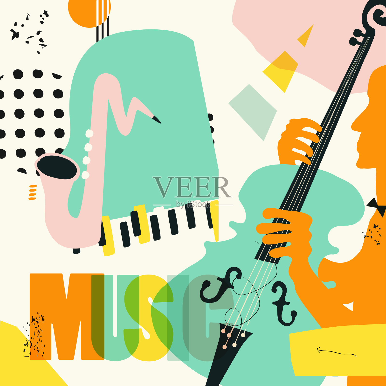 音乐以乐器为背景，色彩缤纷插画图片素材