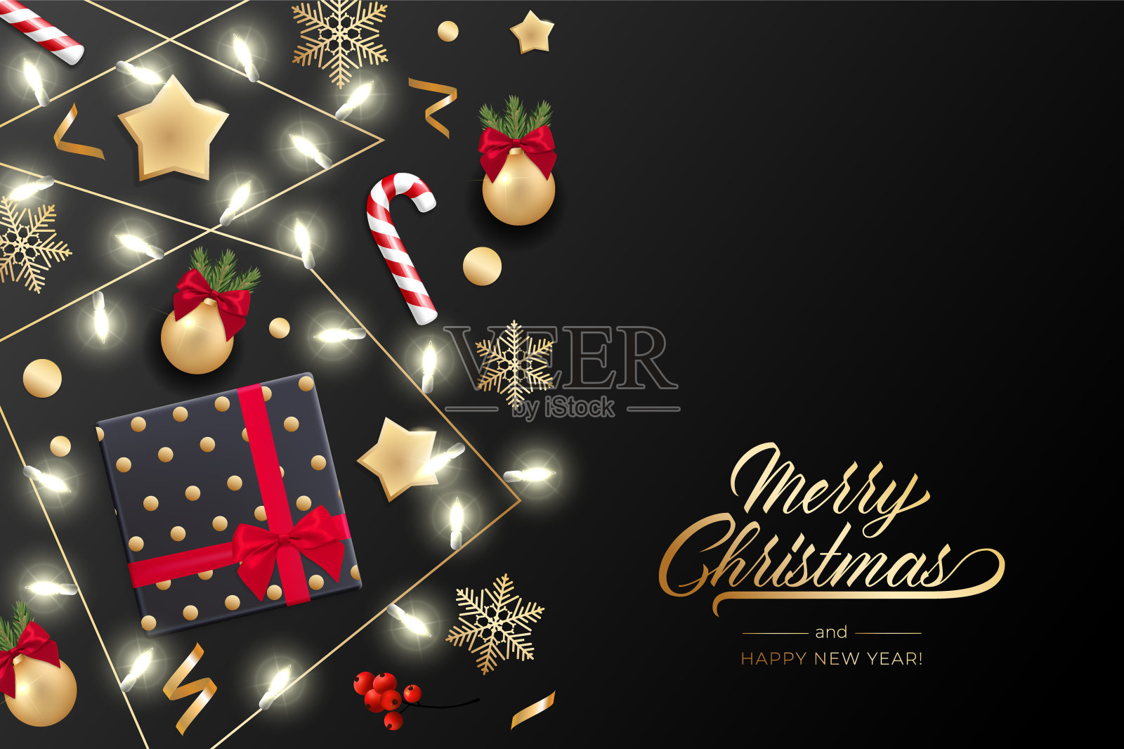 圣诞贺卡的节日背景与现实的彩色花环的松树树枝，装饰着圣诞灯，金色的星星，雪花插画图片素材