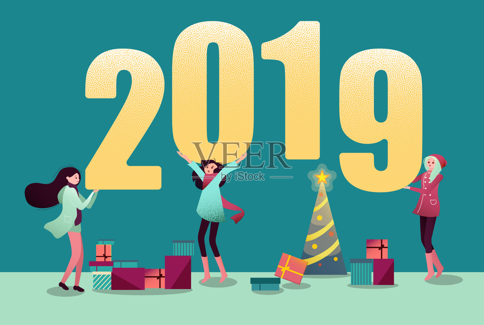 2019年新年贺卡上有圣诞树、女孩和礼物。插画图片素材