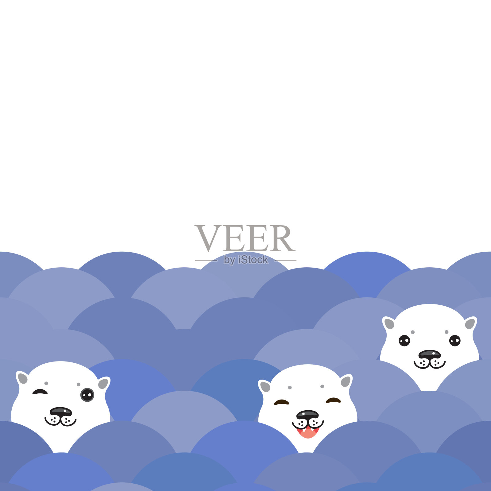有趣的白色北极熊在蓝色的水，海浪图案，背景。卡哇伊的脸。向量插画图片素材