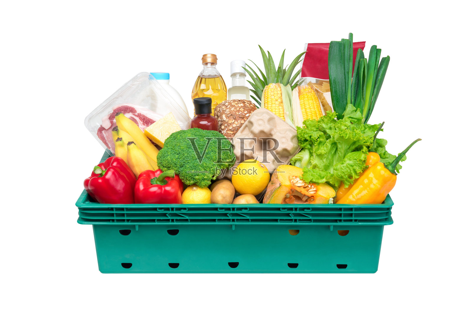 新鲜的食品和蔬菜超市的绿色托盘盒照片摄影图片
