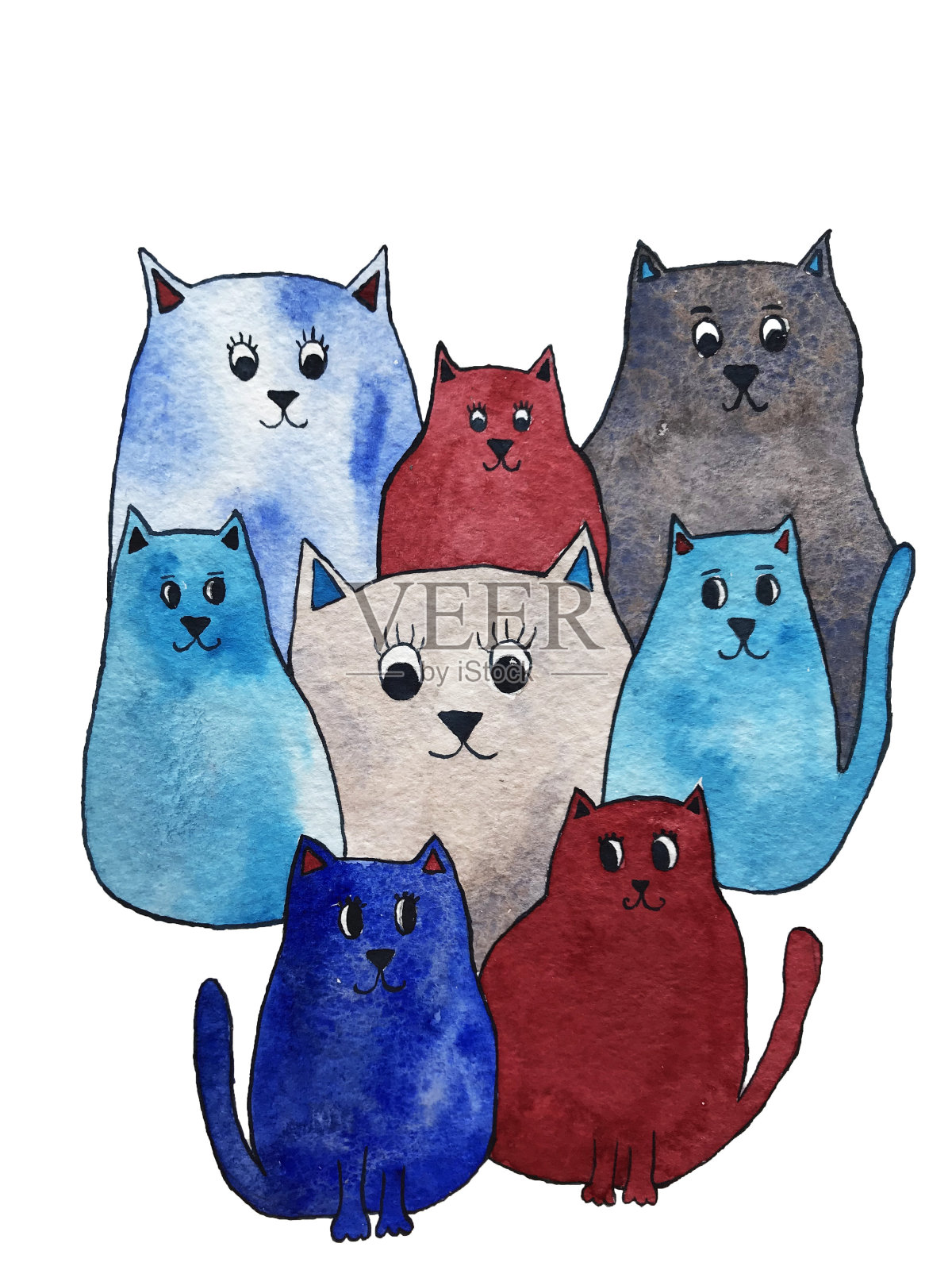 可爱的卡通彩色猫的水彩画插图。插画图片素材
