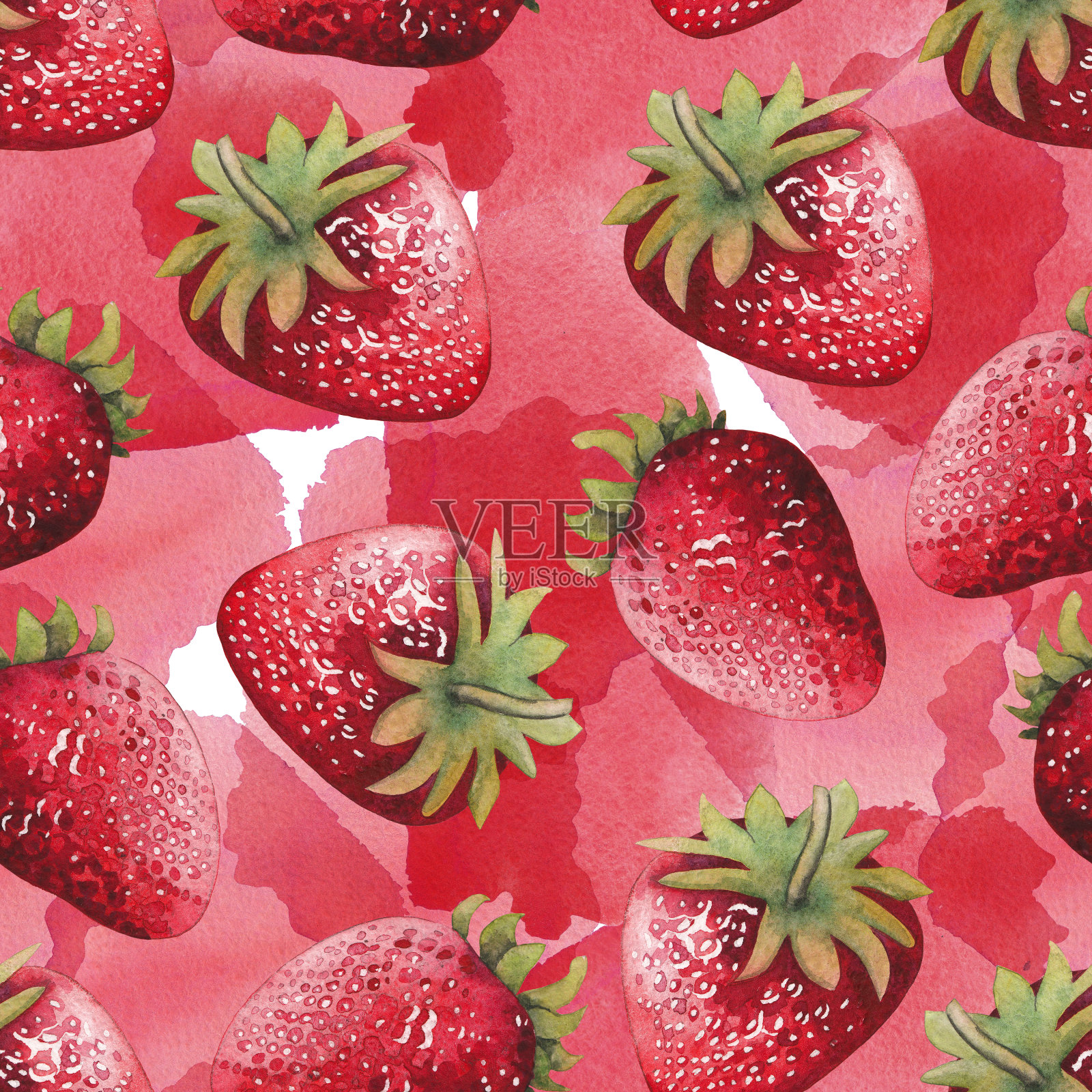 无缝图案的鲜艳yand彩绘草莓水彩插画图片素材