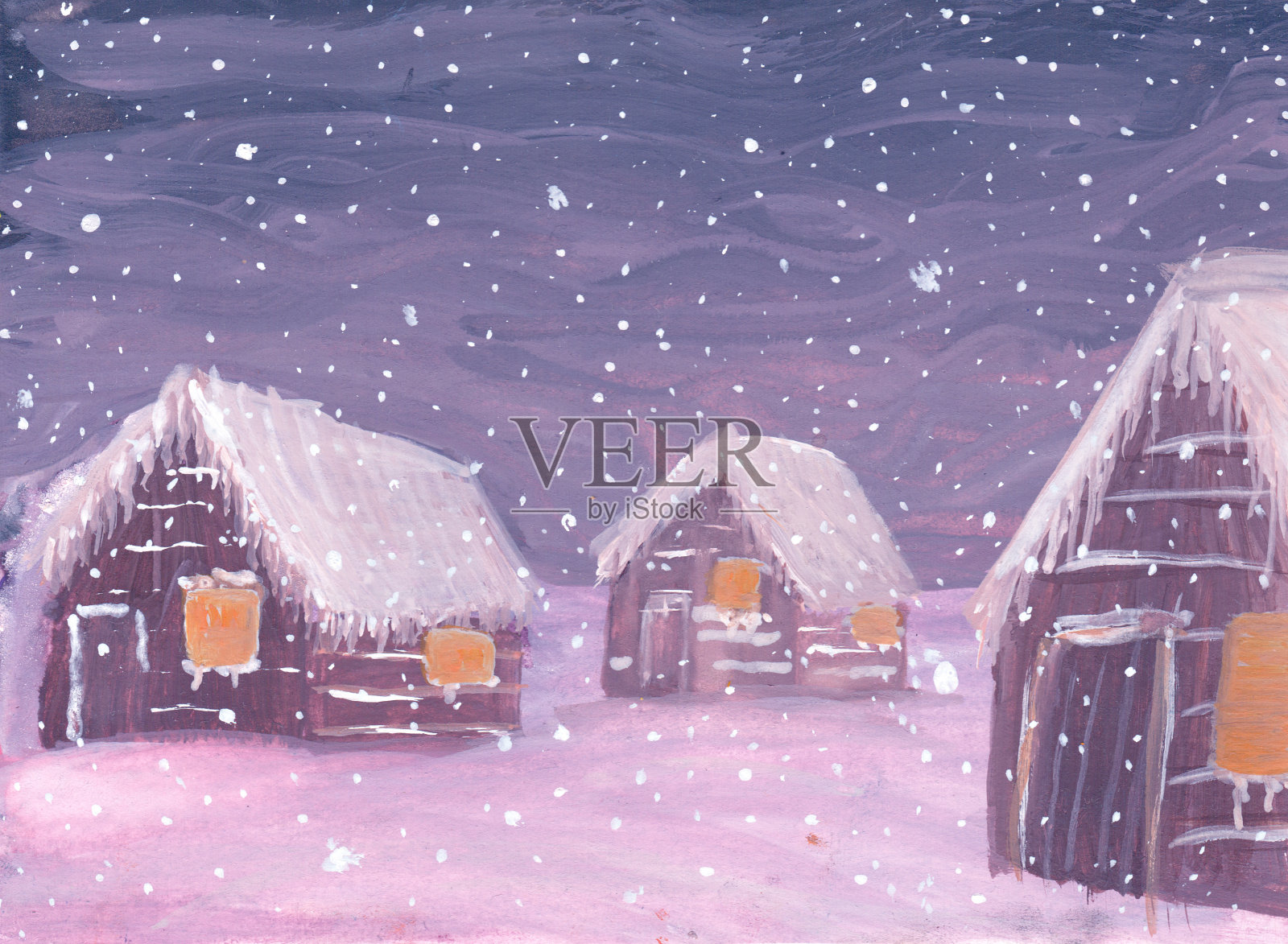 冬天。水粉画里的雪屋插画图片素材