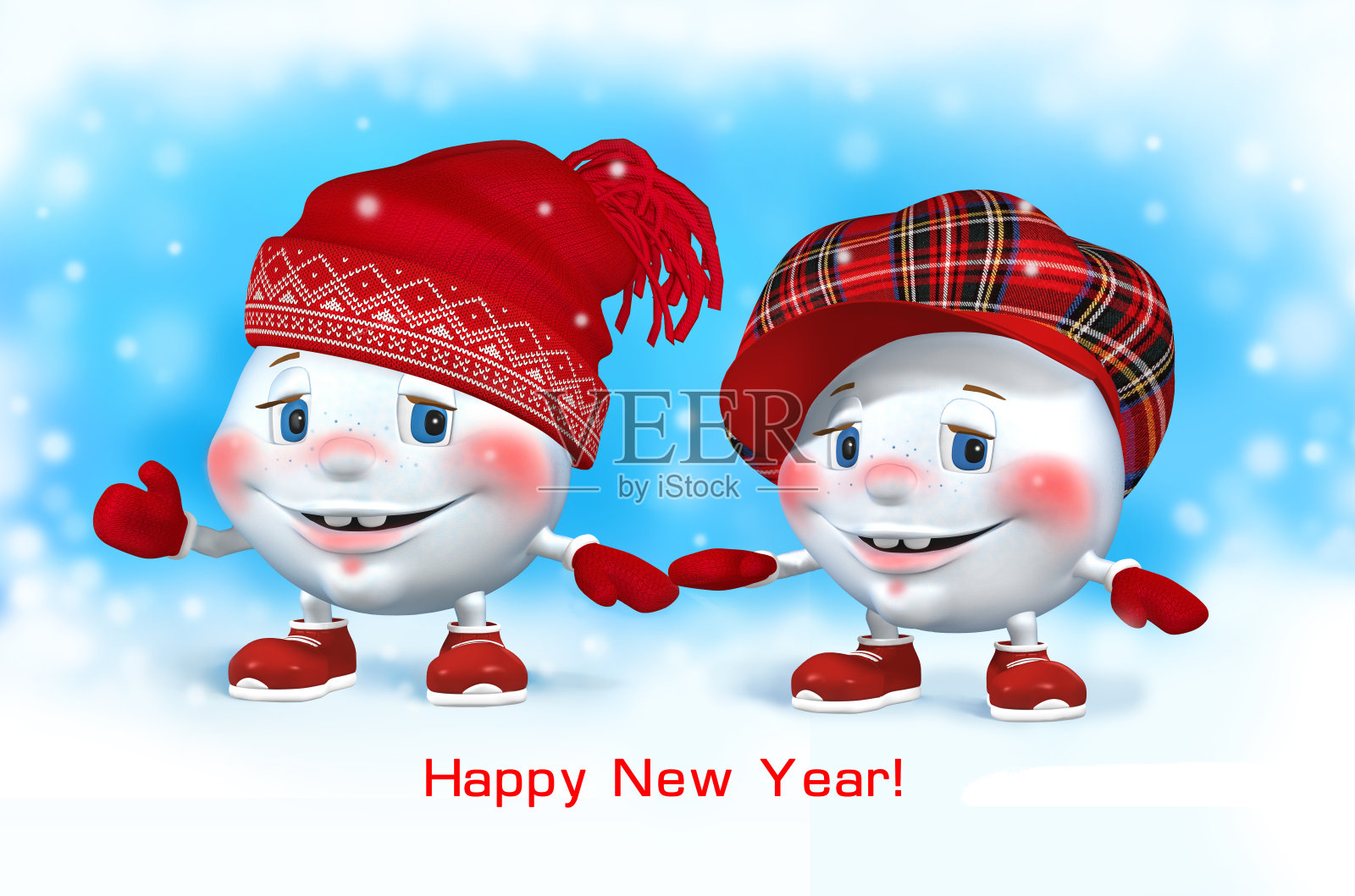 冬天戴着红色圣诞帽的两个雪球。新年。雪芒。3 D演示。插画图片素材