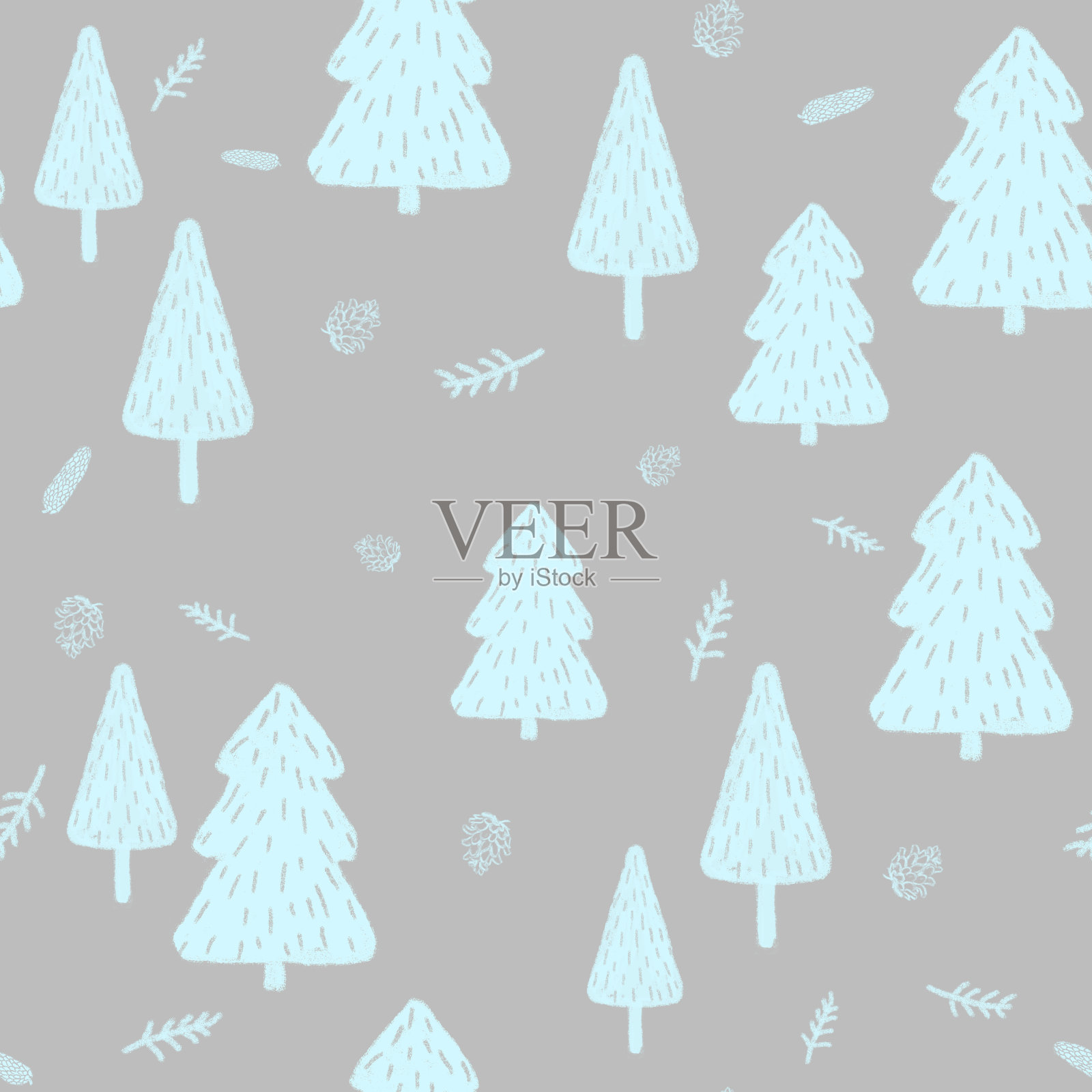 圣诞冬季森林景观无缝模式灰色背景插画图片素材