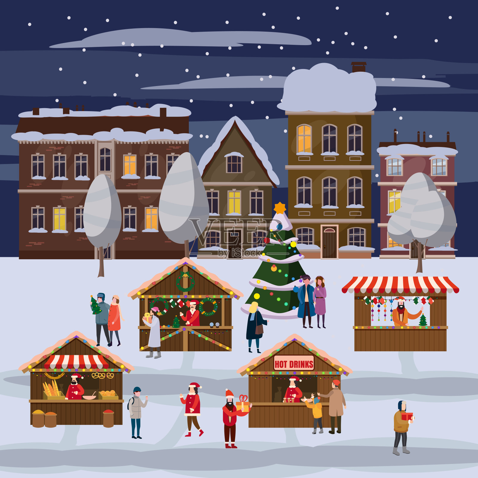 小镇广场上的圣诞集市或假日户外集市。圣诞树。人们在装饰精美的小摊、雨棚或小摊之间走动，购买零食、礼物、装饰，喝热咖啡、茶和热葡萄酒。彩色矢量插图在趋势卡通插画图片素材