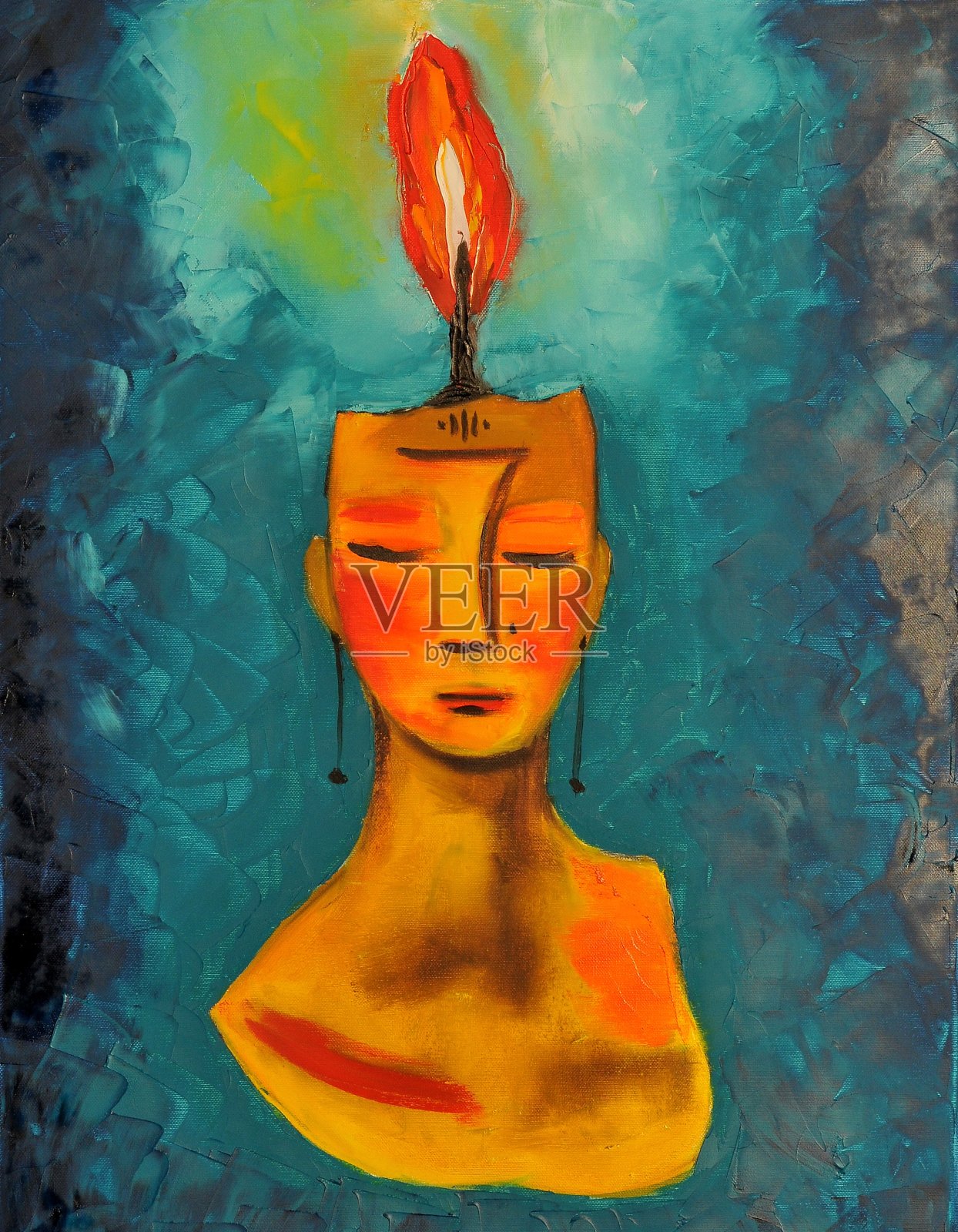 《头上插蜡烛的抽象女人当代艺术绘画》插画图片素材