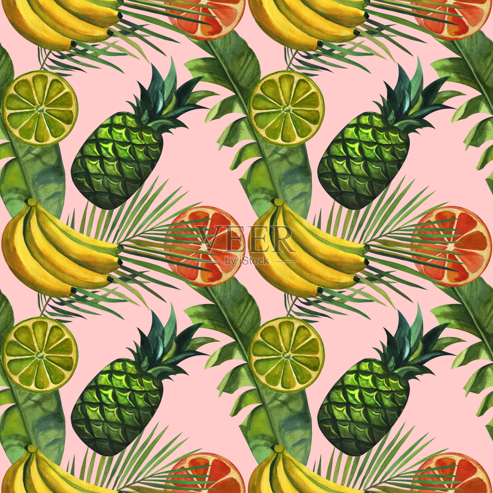 水彩图案与热带棕榈叶，香蕉，菠萝，花。无缝模式插画图片素材