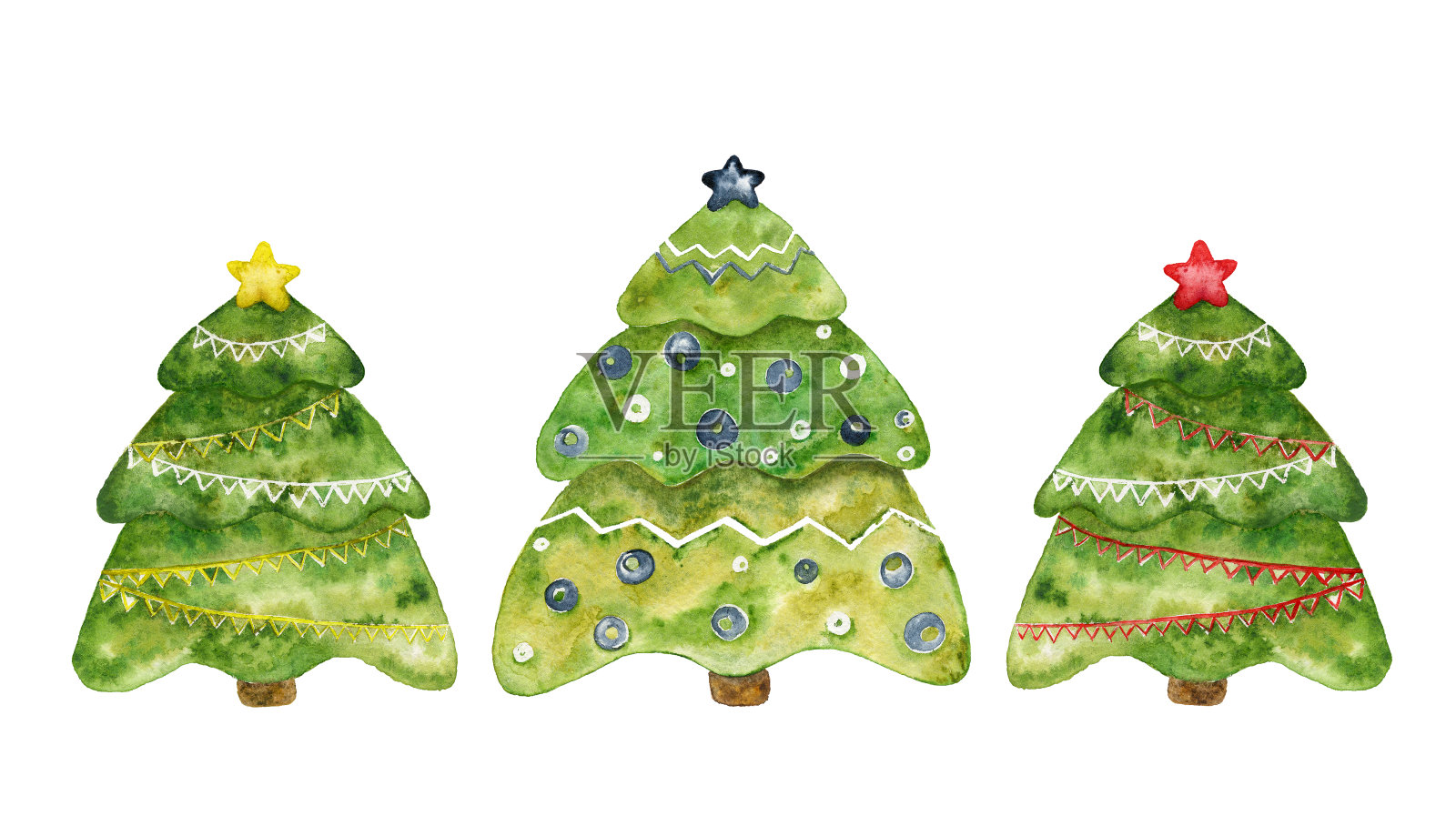 三棵装饰圣诞树。新年贺卡。插画图片素材