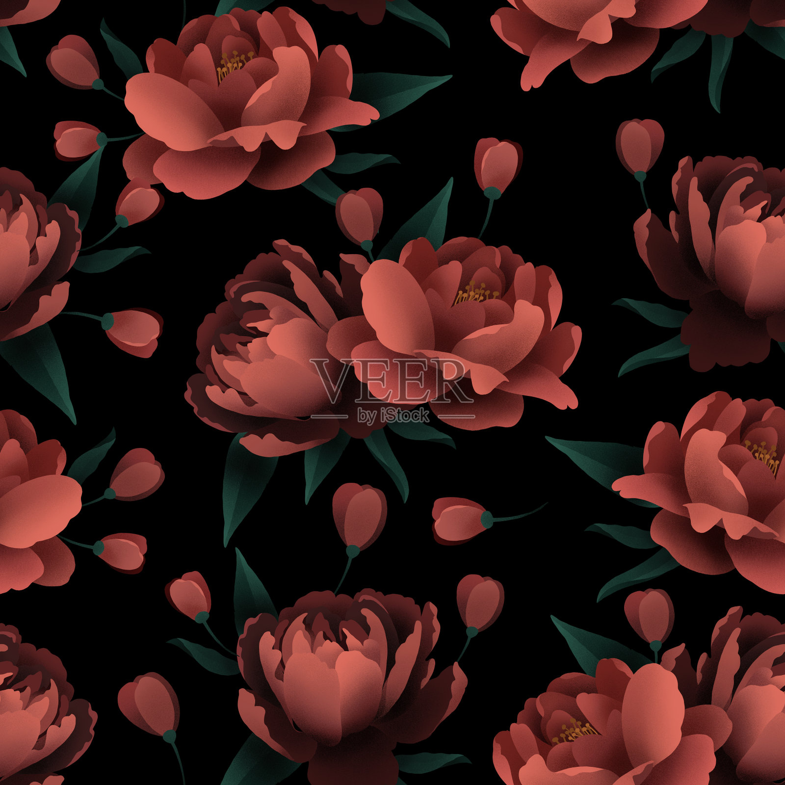 无缝模式的粉红色玫瑰在黑色的背景。织物，墙纸，纺织品的数字插图插画图片素材