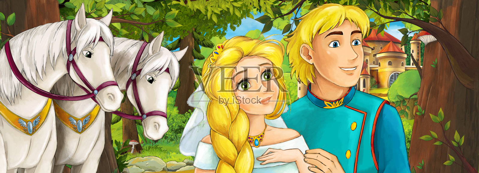 背景是美丽的王子和公主在森林附近的马和城堡的卡通场景插画图片素材