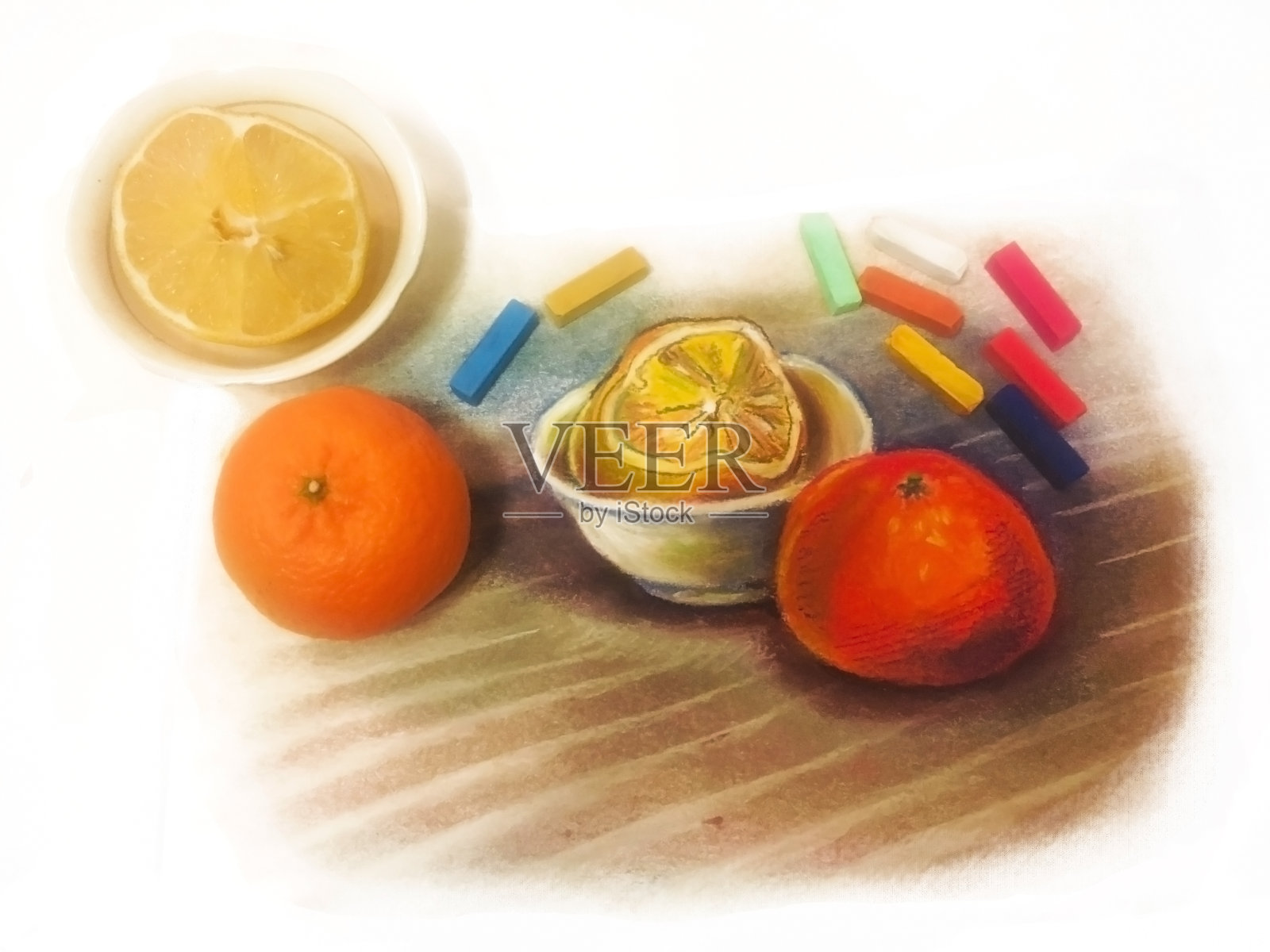 美丽的蜡笔画和静物画，用作模特。水果:柠檬和橘子插画图片素材