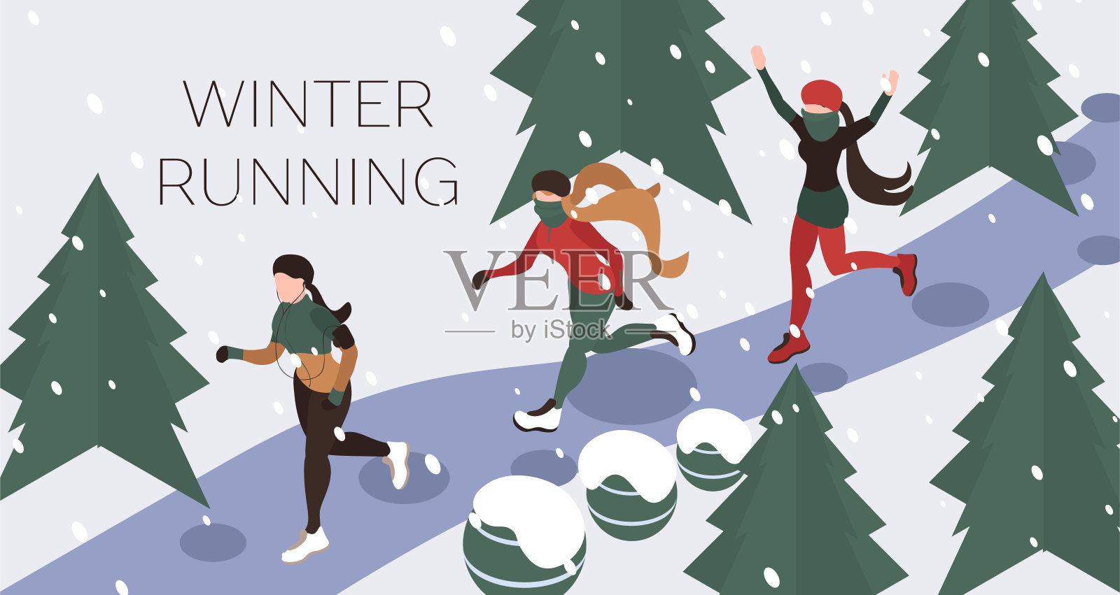等距平面3d插图冬季跑步。女孩和妇女在冬季公园跑步。下雪,寒冷的天气。冬季运动制服:浅黄色，运动衫，运动鞋。女孩听音乐和做慢跑插画图片素材