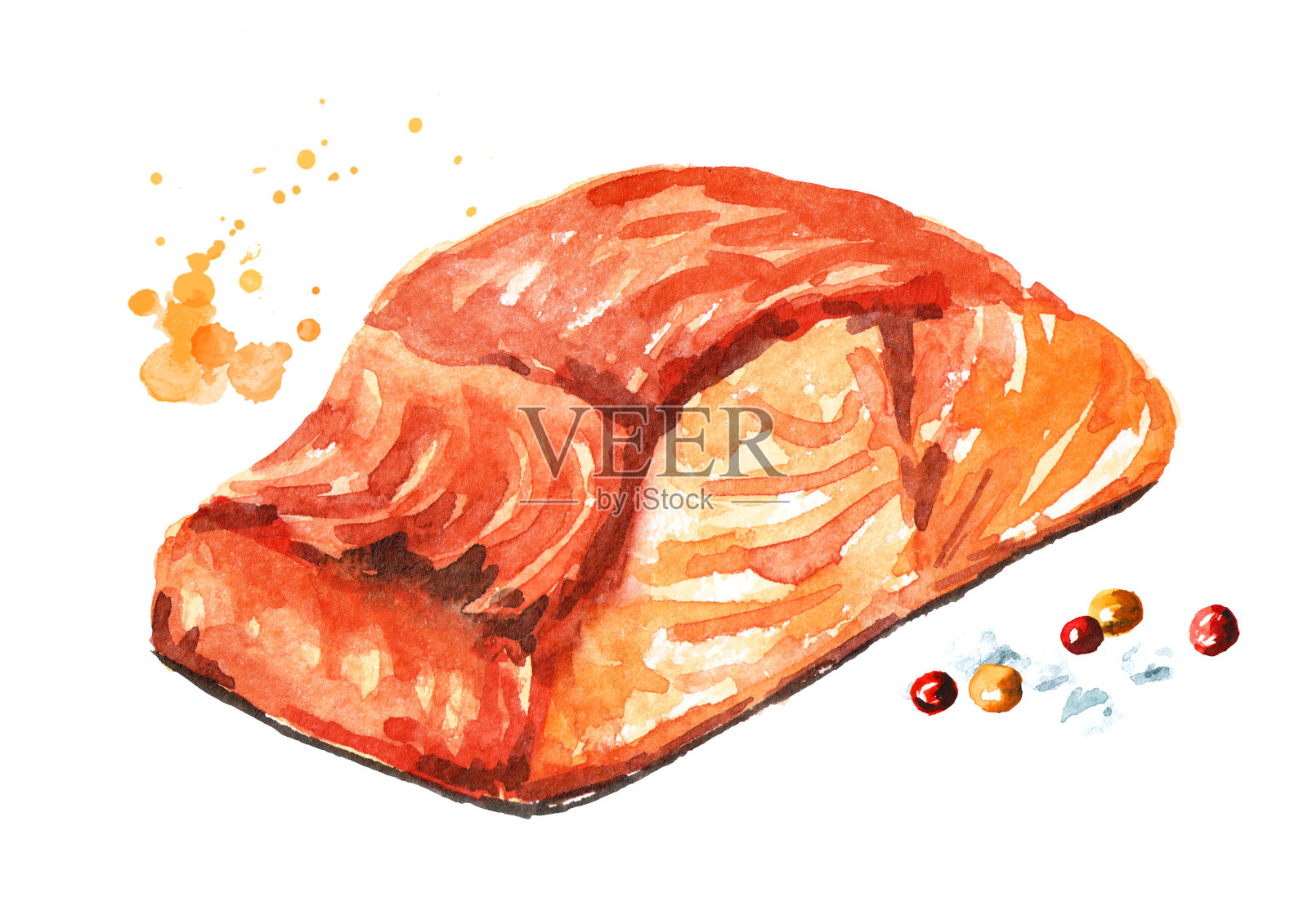 美味的烤鲑鱼片。水彩手绘插图，孤立的白色背景插画图片素材