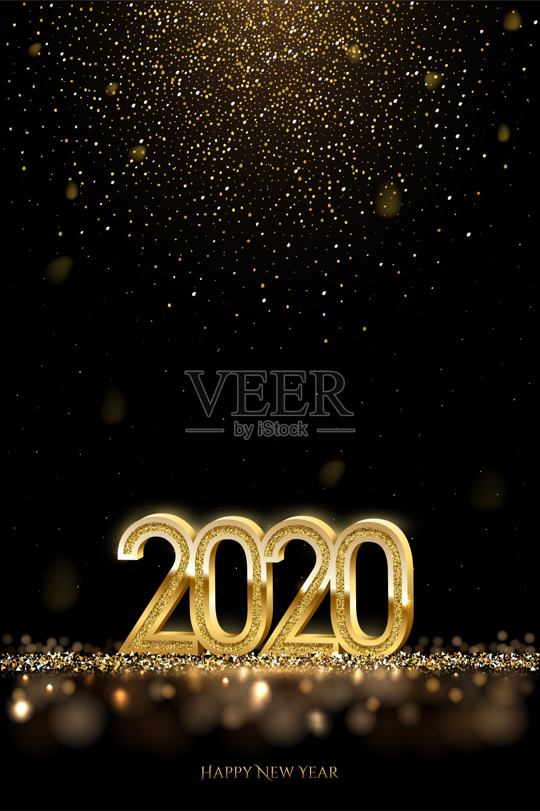 2020年新年奢华设计理念。矢量金色2020新年垂直模板与飘落的金色雪。插画图片素材