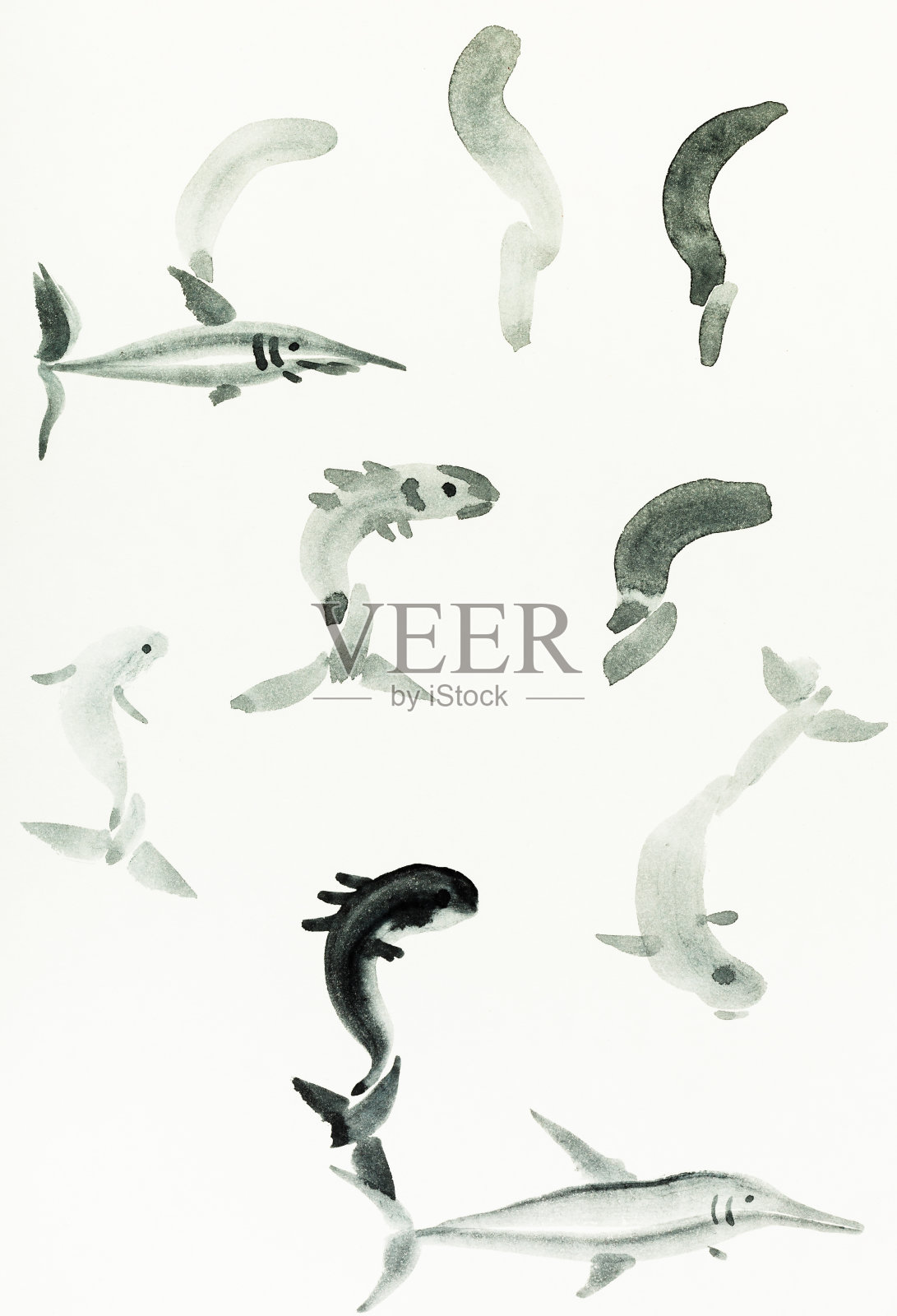各种各样的鱼被手绘在奶油纸上插画图片素材