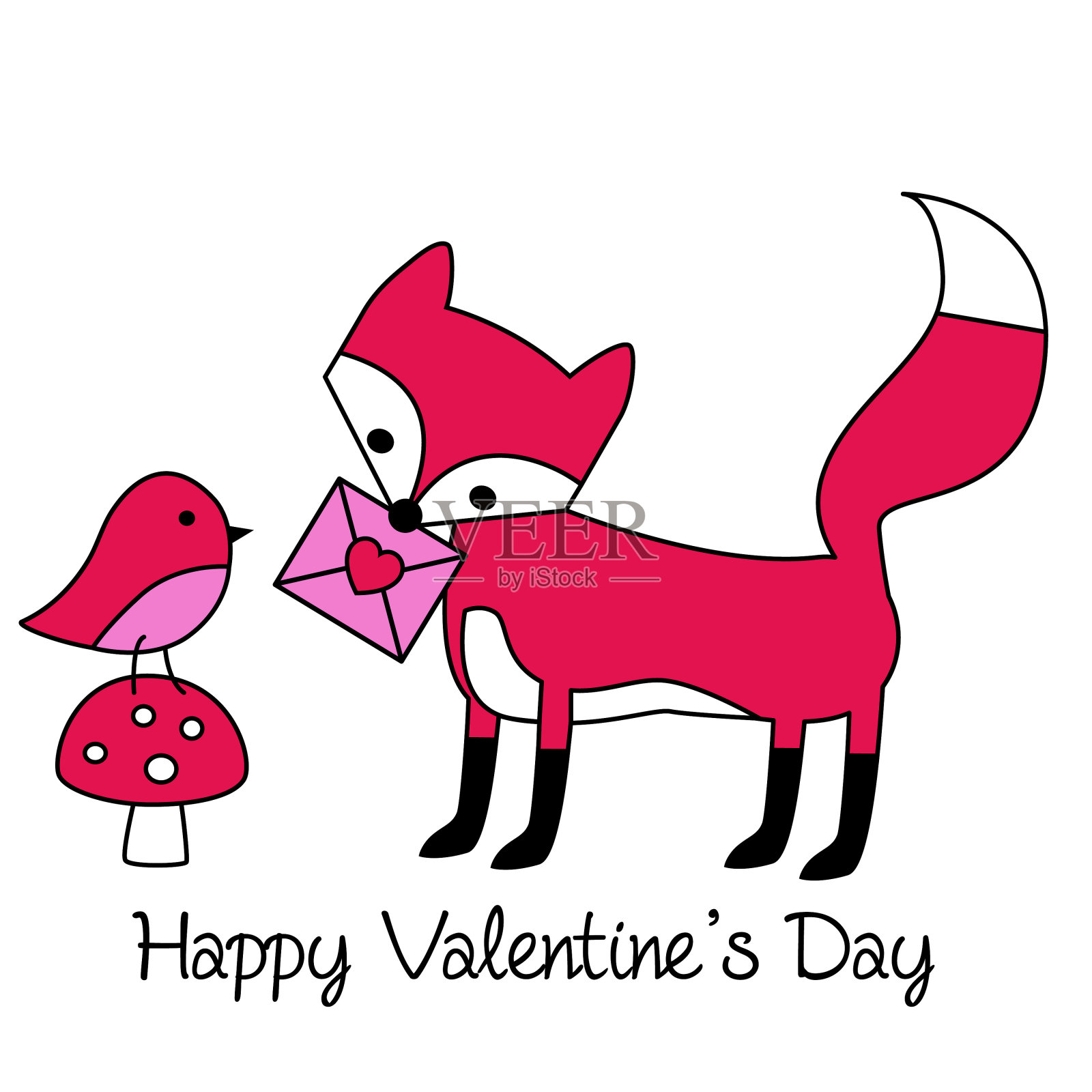 情人节狐狸和可爱的小鸟在蘑菇上插画图片素材