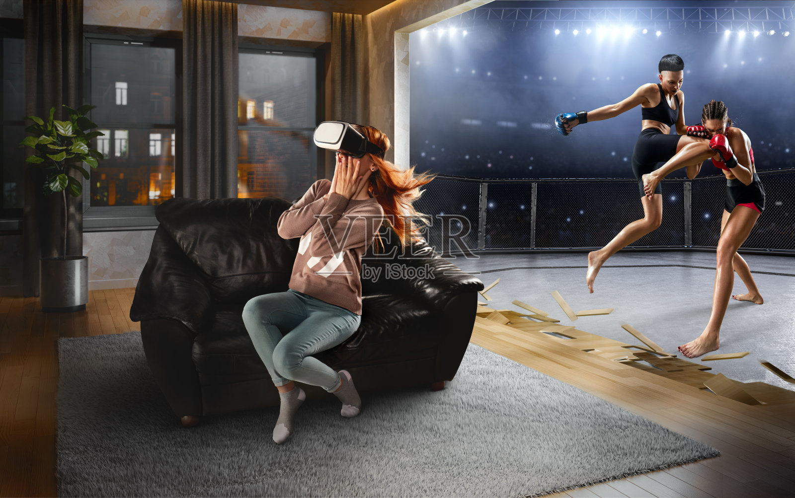 戴着VR眼镜的女人。虚拟现实与女性综合武术照片摄影图片