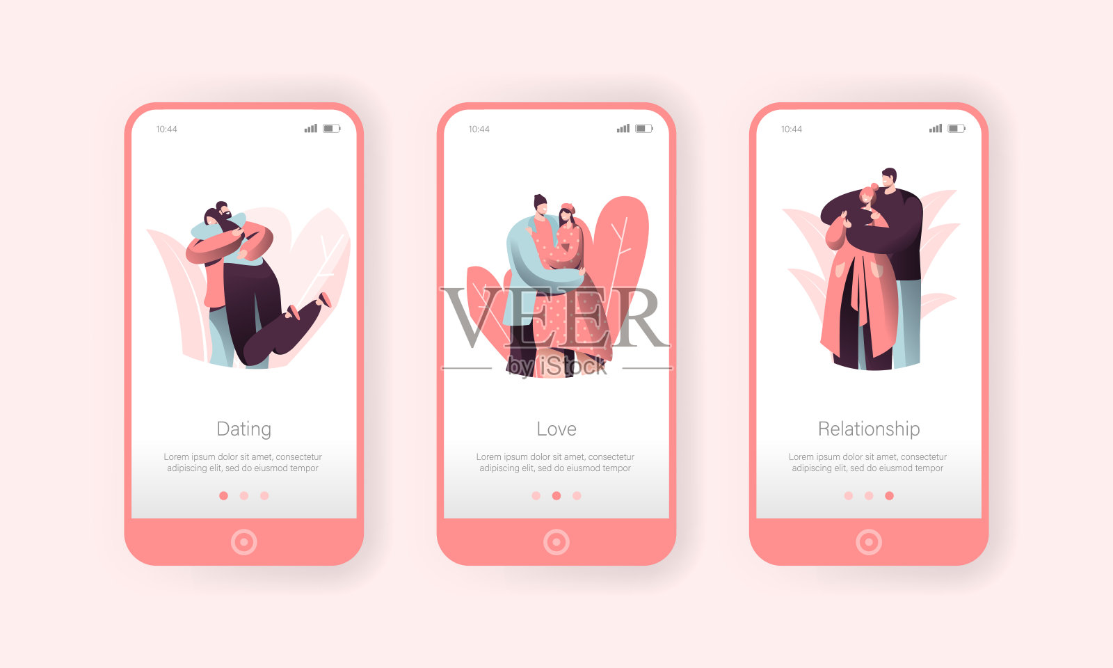 情侣拥抱手机应用程序屏幕设置。浪漫约会中的男人拥抱女人。幸福的字符甜蜜的关系概念网站或网页。矢量平面卡通插图插画图片素材