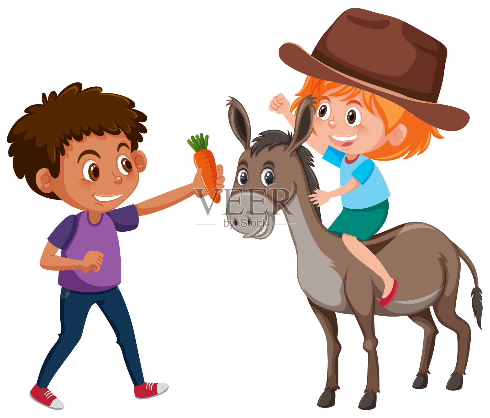 儿童与驴的性格插画图片素材