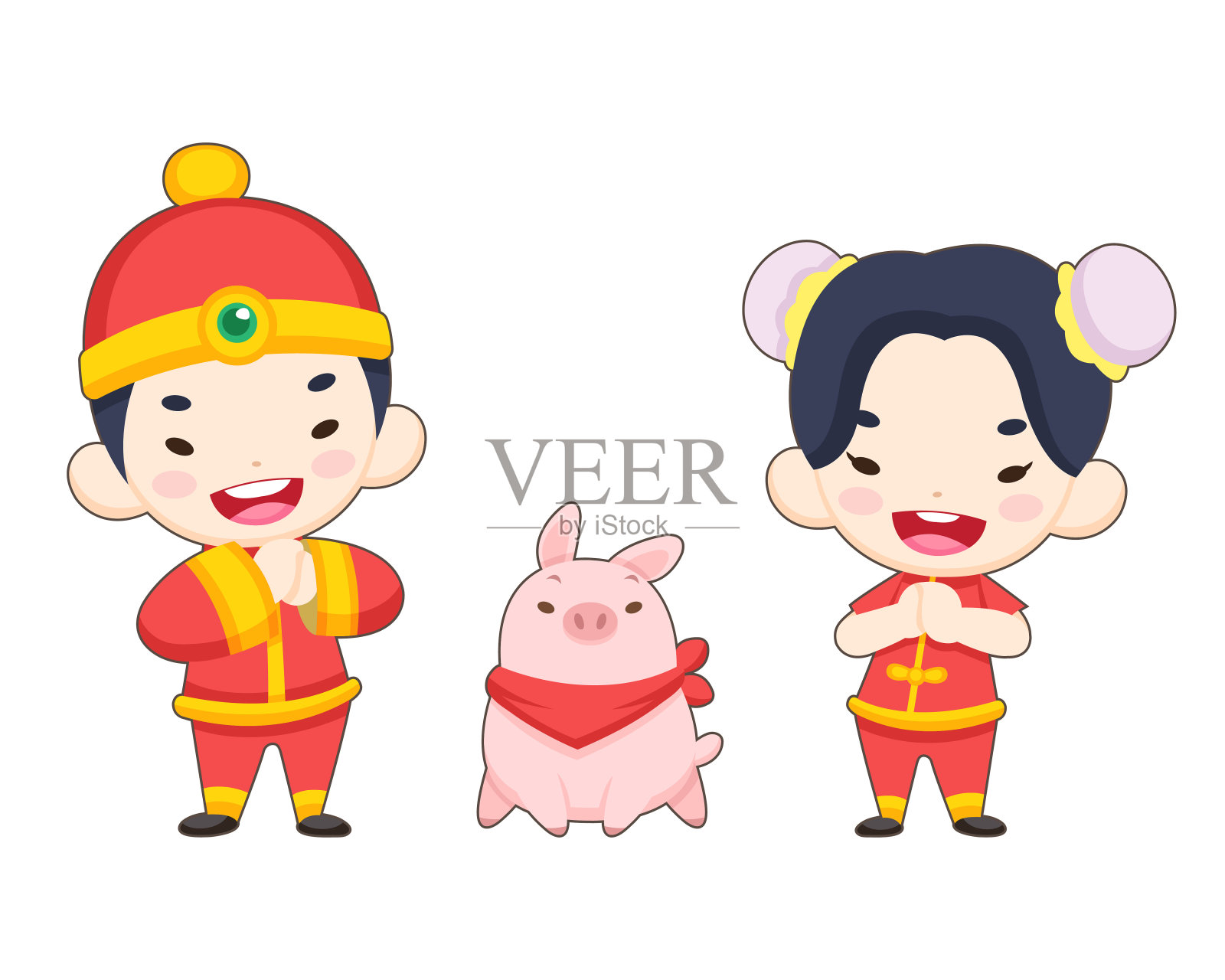 可爱风格的中国男孩和女孩与猪插画图片素材