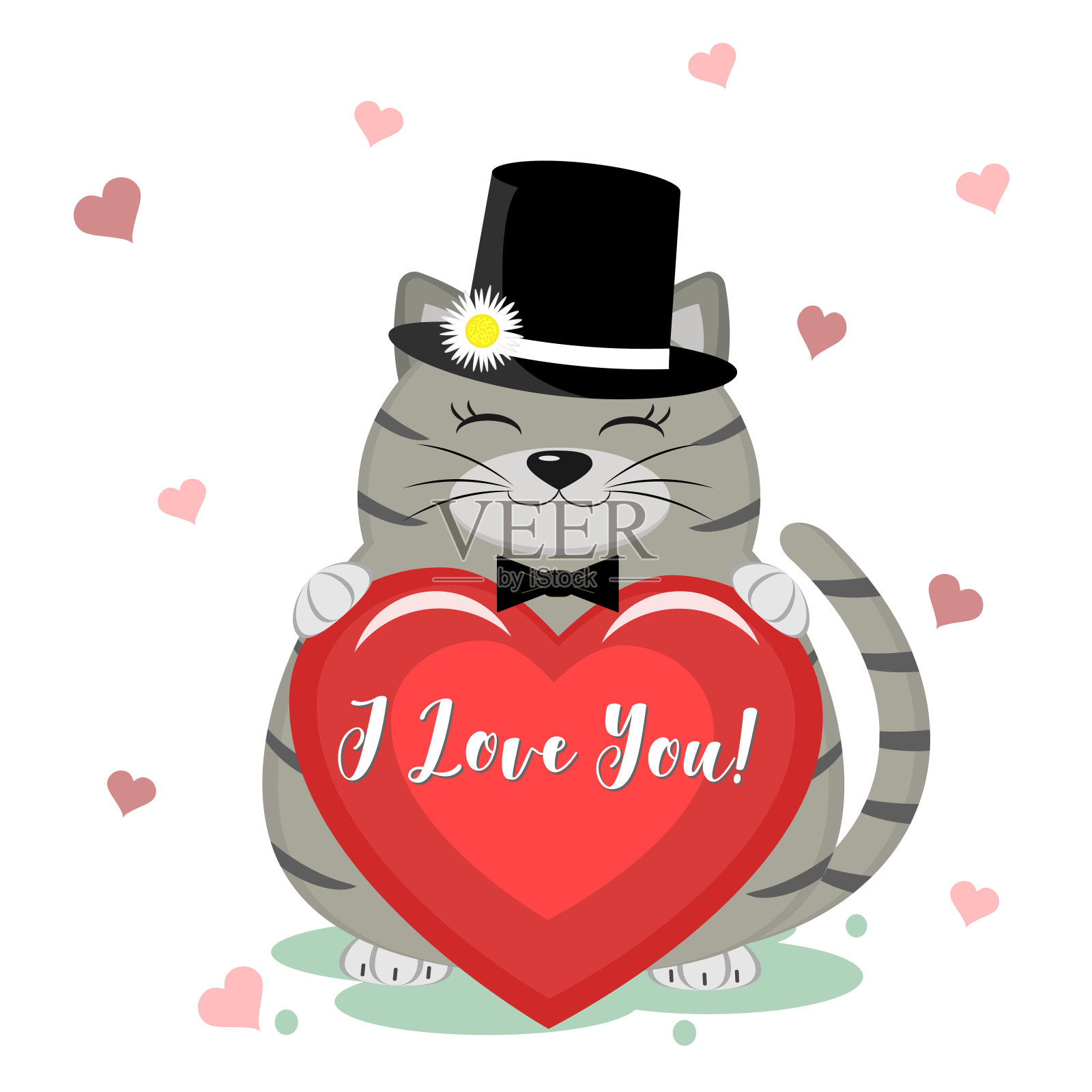 祝贺你，情人节快乐!一只可爱的灰猫戴着黑色的帽子，打着领结，坐在那里，爪子上拿着一颗红色的心。平面设计，卡通风格，矢量插画图片素材