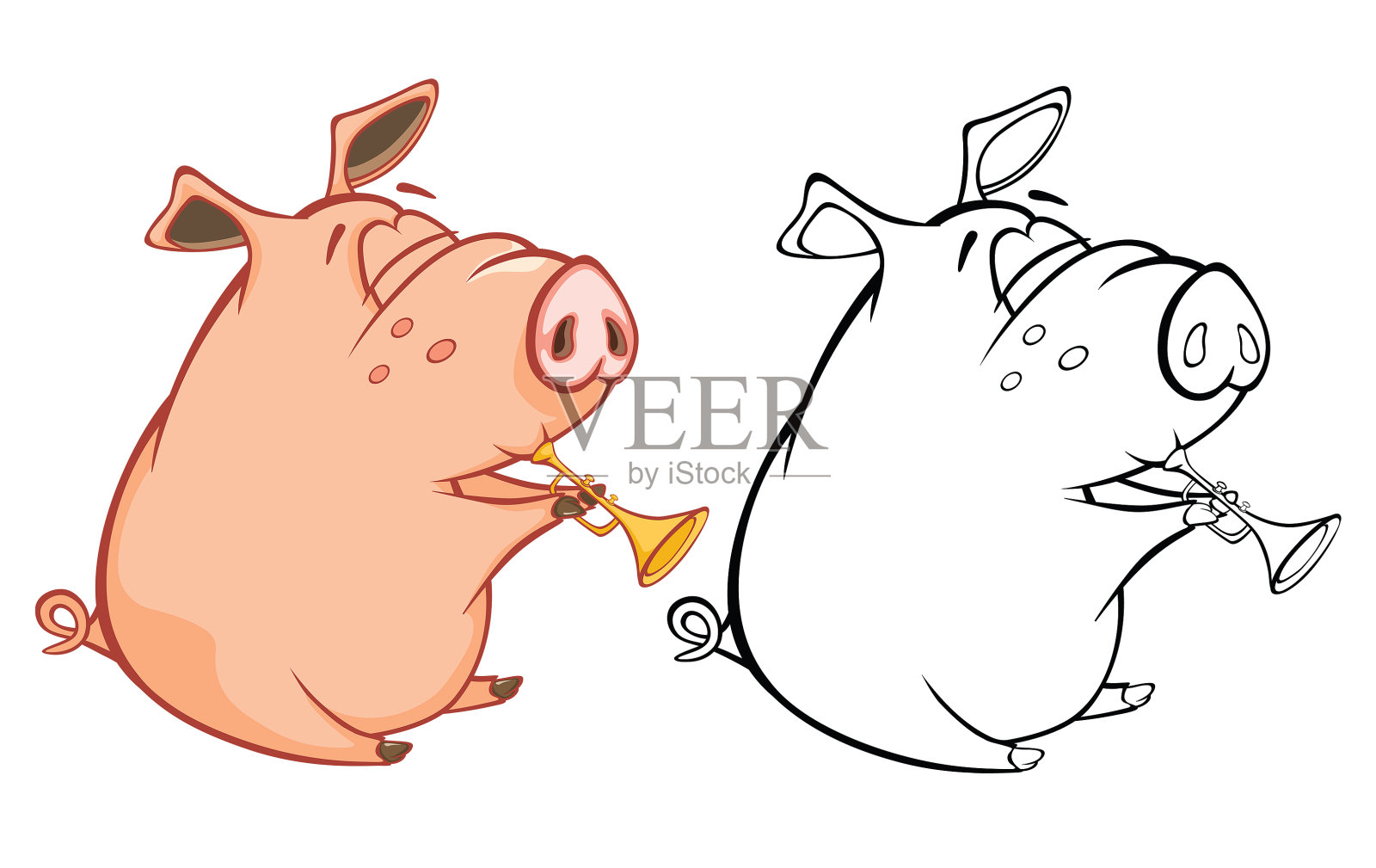 矢量插图的一个可爱的猪音乐家涂色书卡通人物设计元素图片