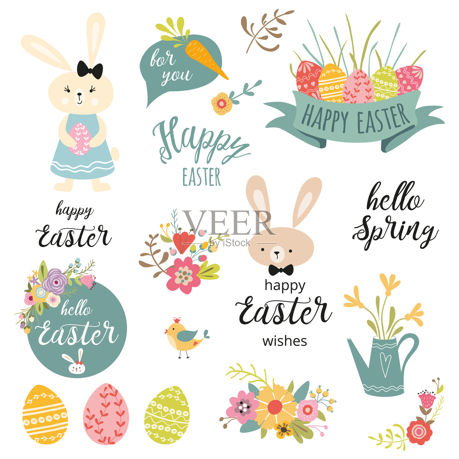 一套可爱的复活节卡通兔子花鸡蛋排版春天报价设计元素插画图片素材