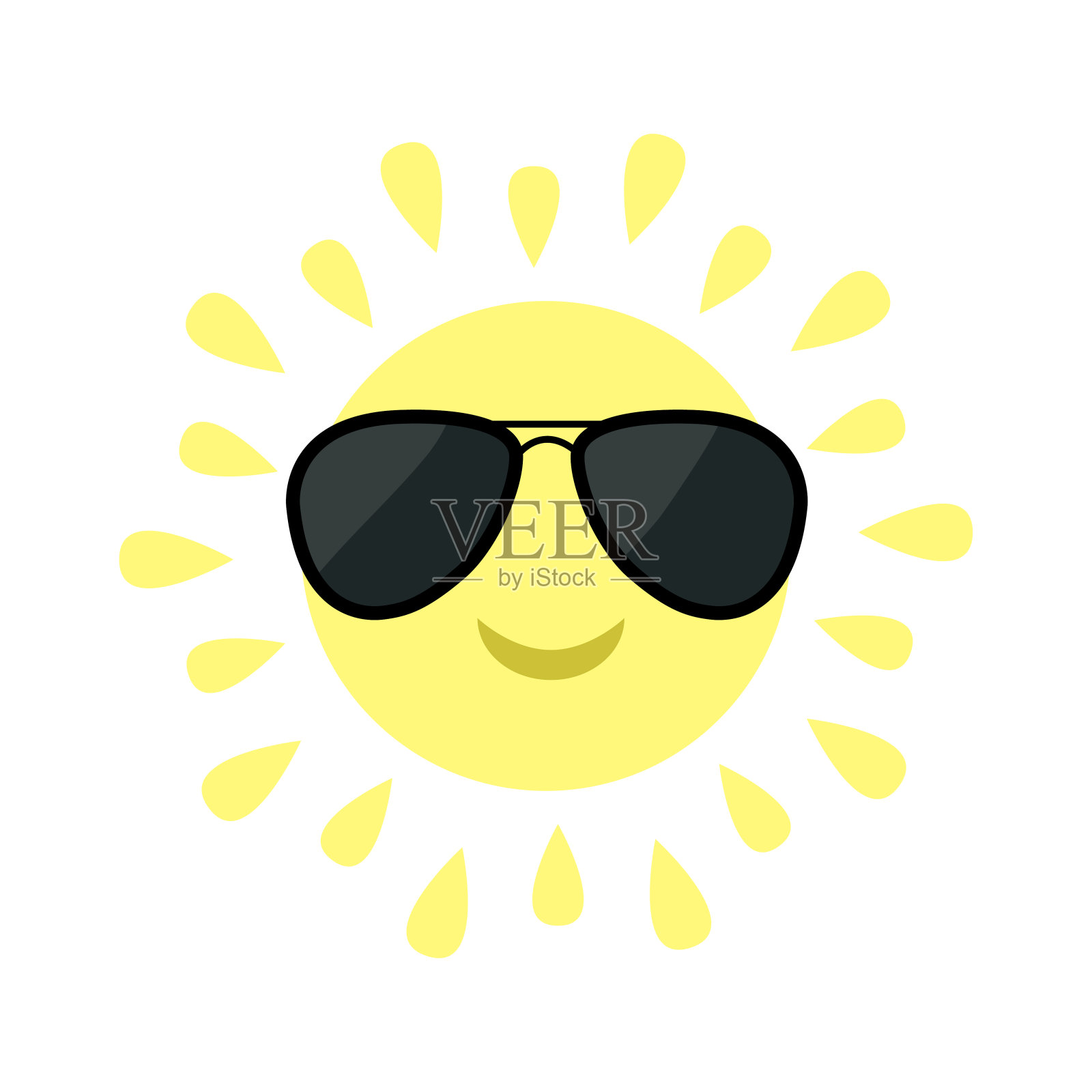 太阳照耀的图标。用黑色领航太阳镜晒脸。可爱的卡通有趣的微笑人物。白色背景。孤立。平面设计插画图片素材