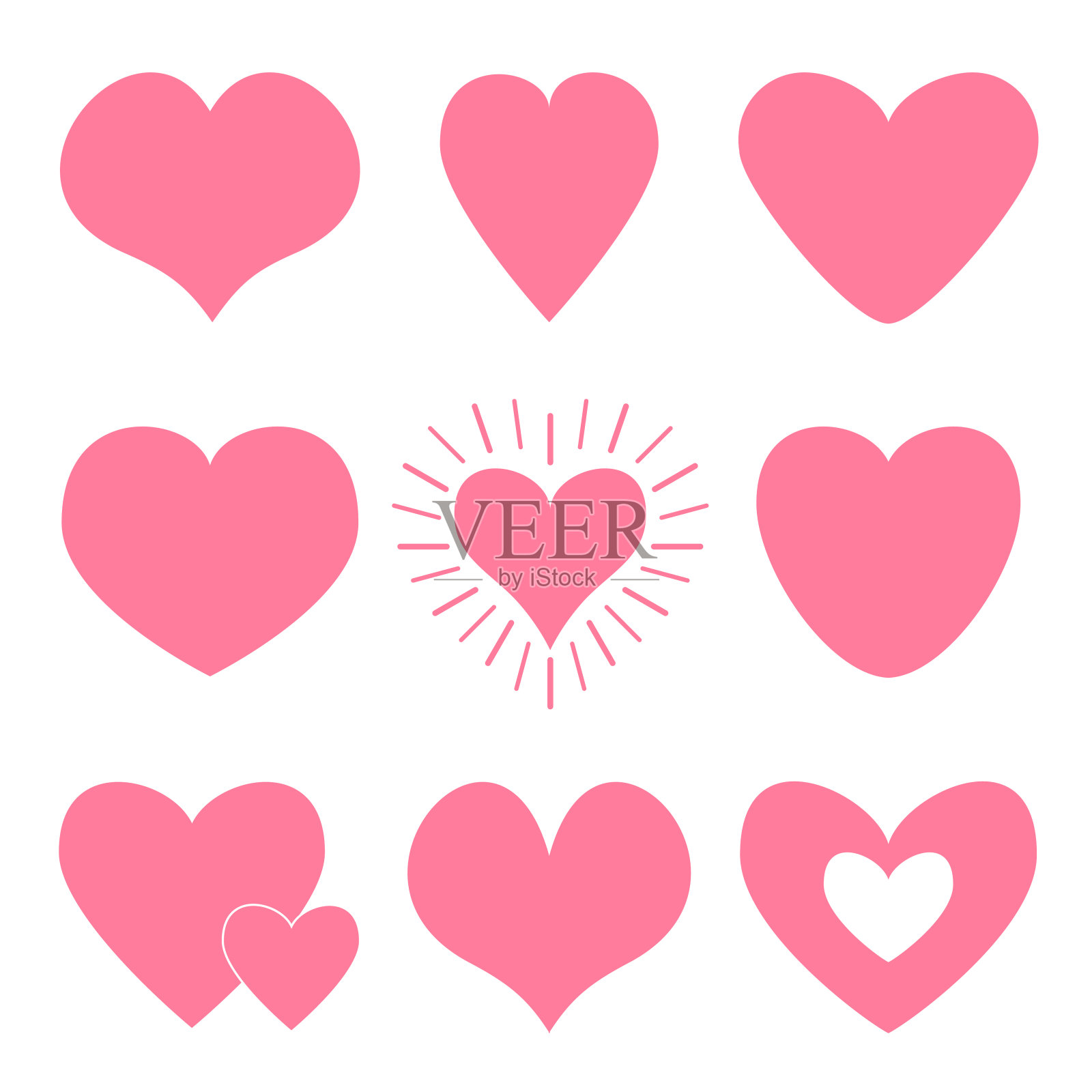 粉色心形图标集。情人节快乐闪耀标志符号简单模板。可爱的图形对象。扁平化设计风格。爱的贺卡。孤立。白色背景。插画图片素材