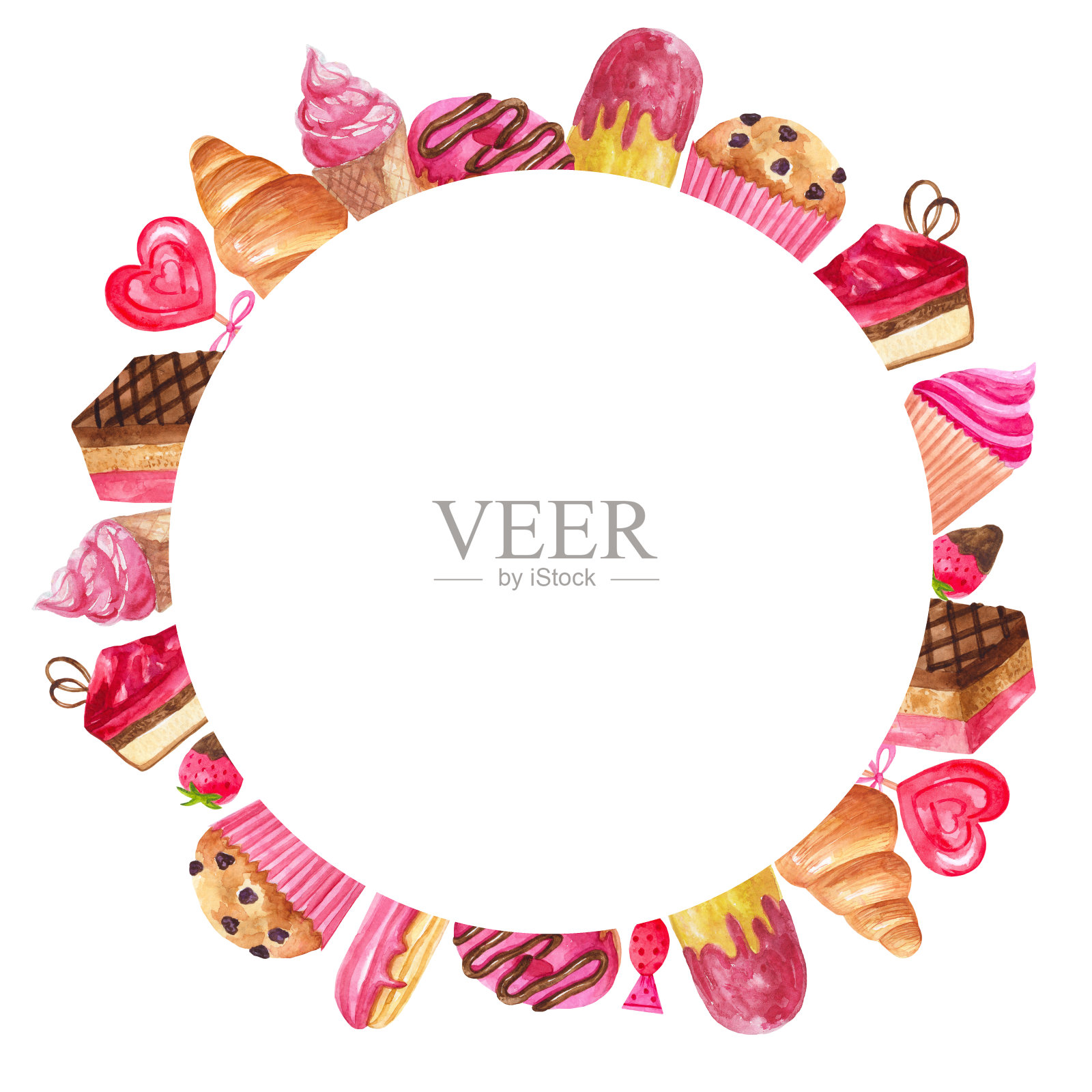 水彩甜点和糕点框架:蛋糕，糕点，冰淇淋，糖果，巧克力，泡芙，松饼，甜甜圈。插画图片素材