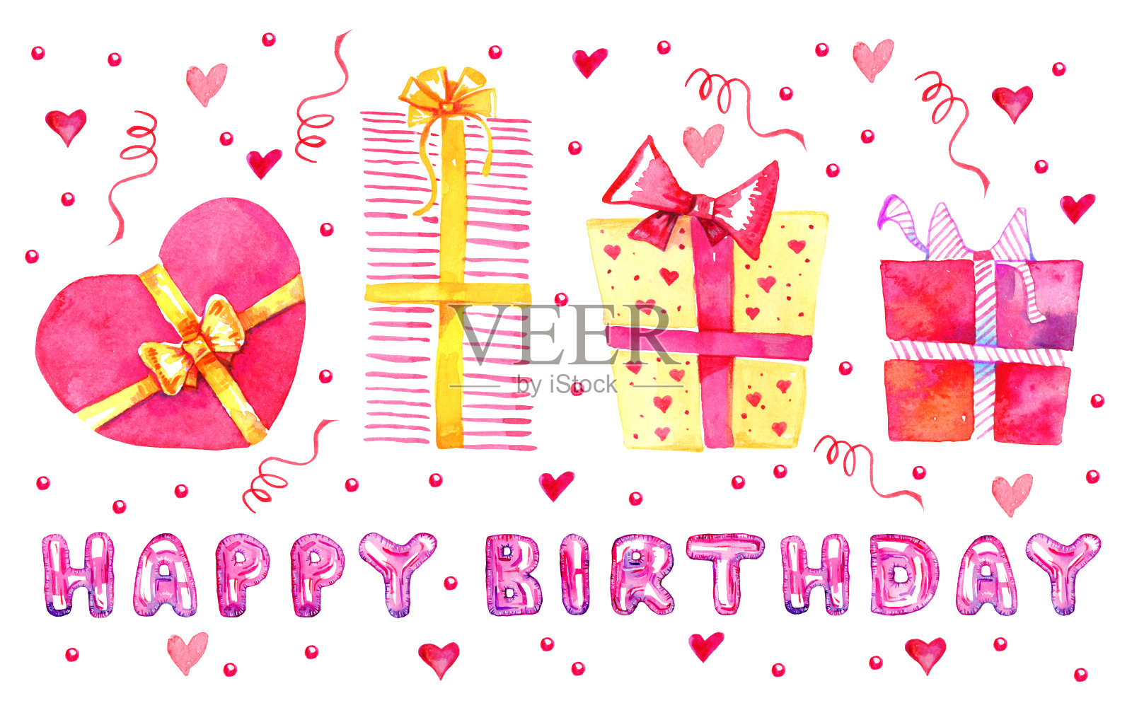 一套程式化的卡通生日蛋糕和刻字气球。标题生日快乐。手绘水彩素描插图设计模板素材