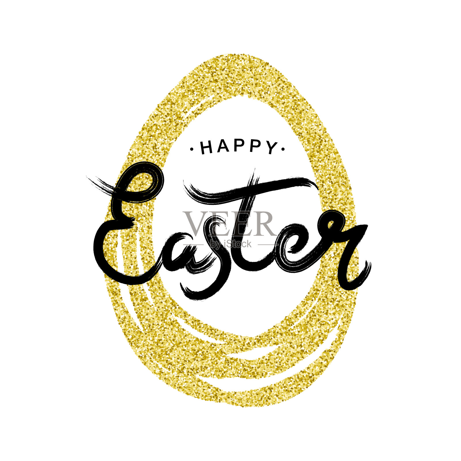复活节快乐黑色印刷书法字母与金色闪闪的paschal鸡蛋框架在白色的背景。金色复古节日复活节徽章。宗教节日的迹象。插画图片素材