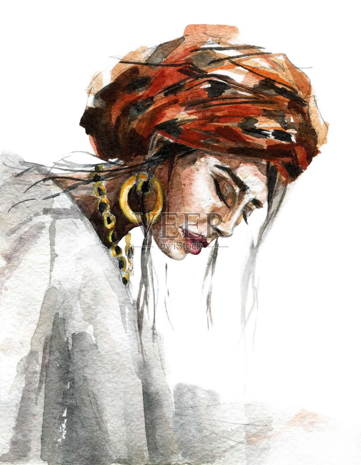戴头巾的水彩画女人插画图片素材