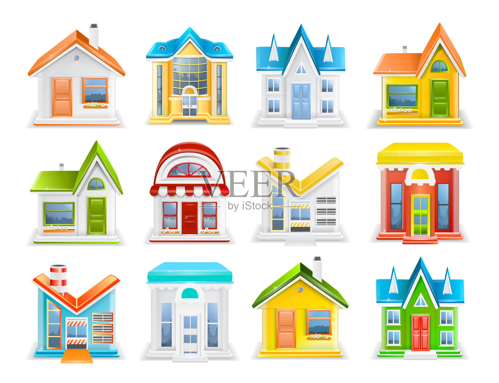图标设置的房子和建筑的不同类型的插图设计元素图片
