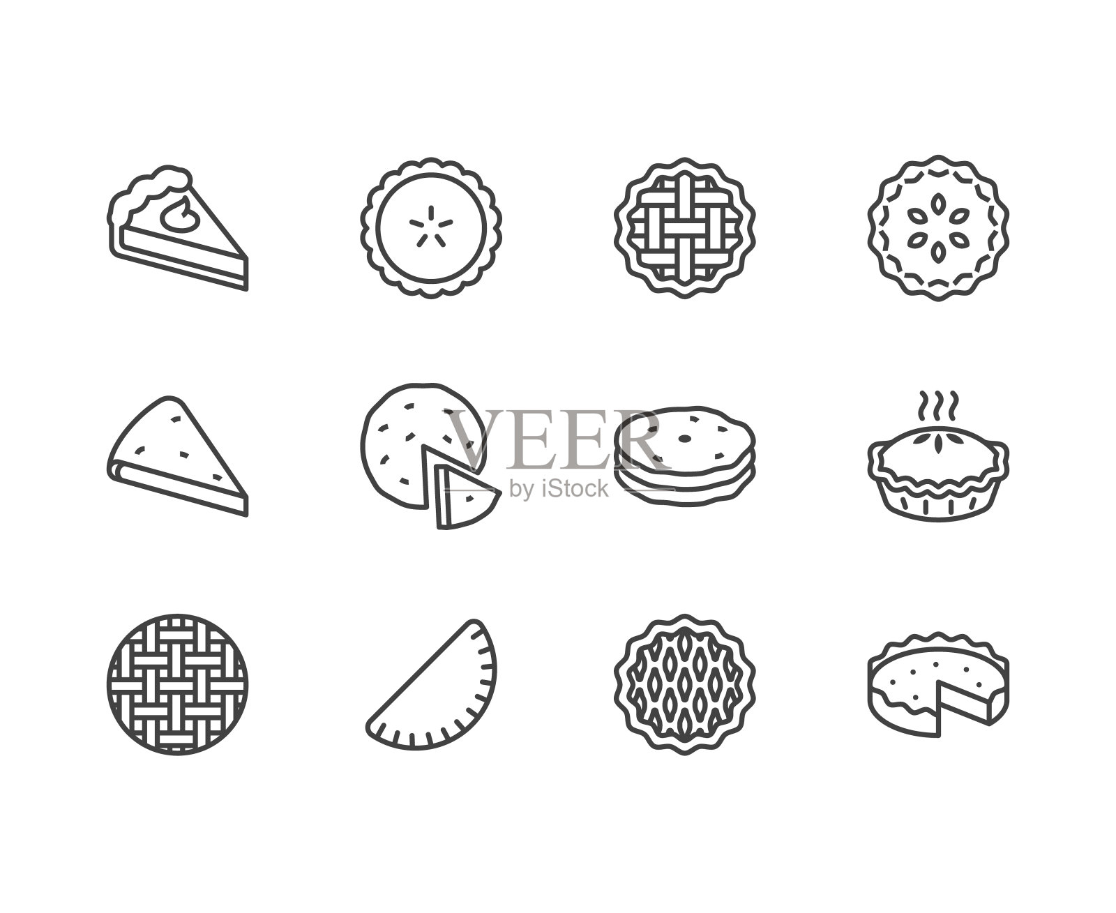 饼形图平线图标集。奥塞梯，樱桃，苹果，南瓜派，砂锅，皮塔饼矢量插图。面包店的薄薄的招牌。像素64 x64完美。可编辑的中风图标素材