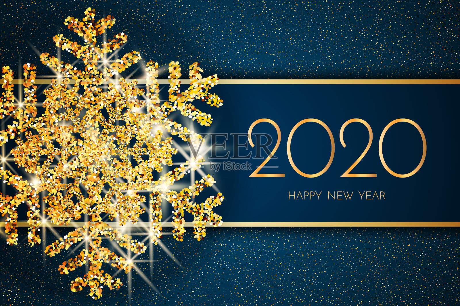 2020年新年贺卡。金色雪花和闪光在深蓝色的背景。2020新年祝福语。插画图片素材