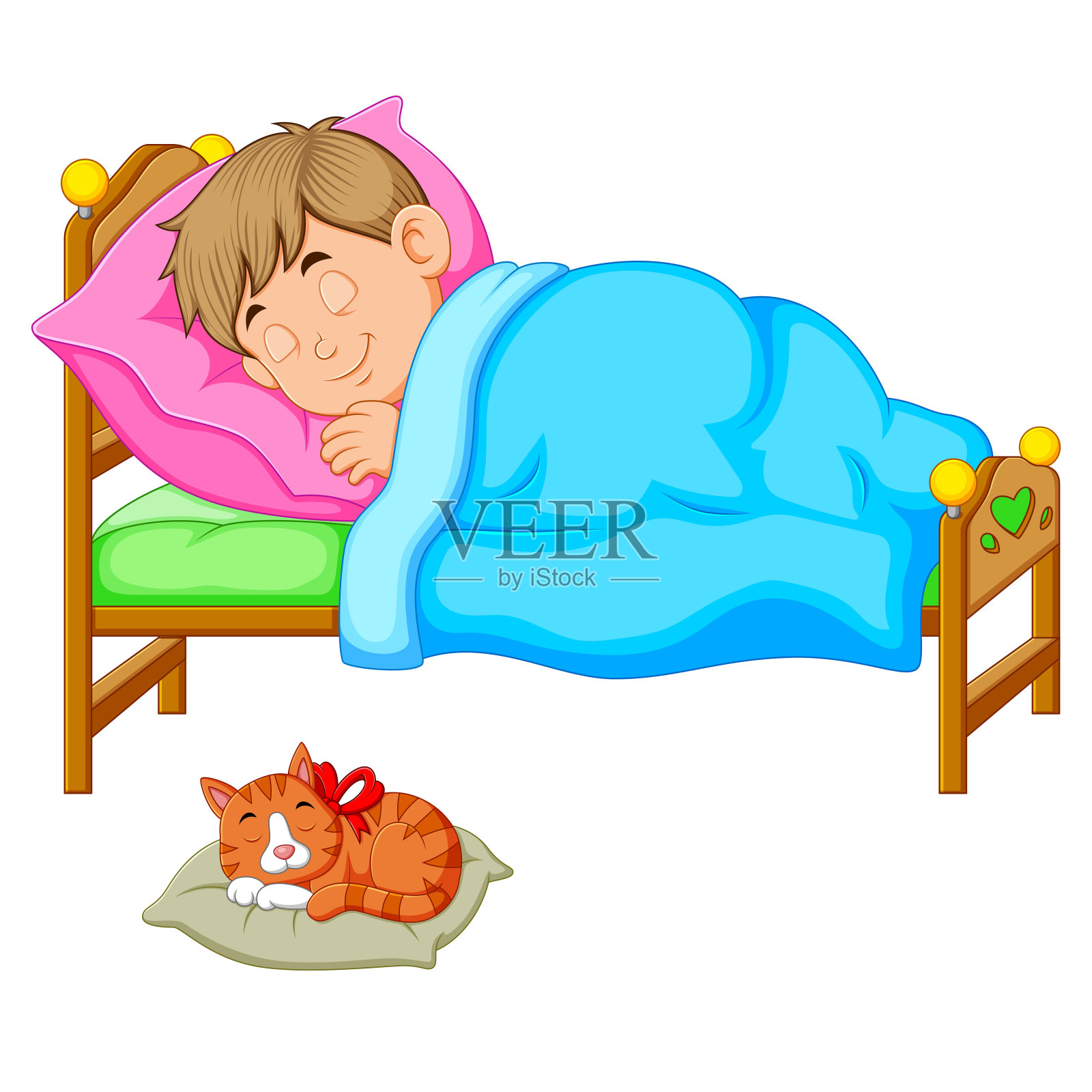 睡觉的男孩和一只小猫在床上设计元素图片