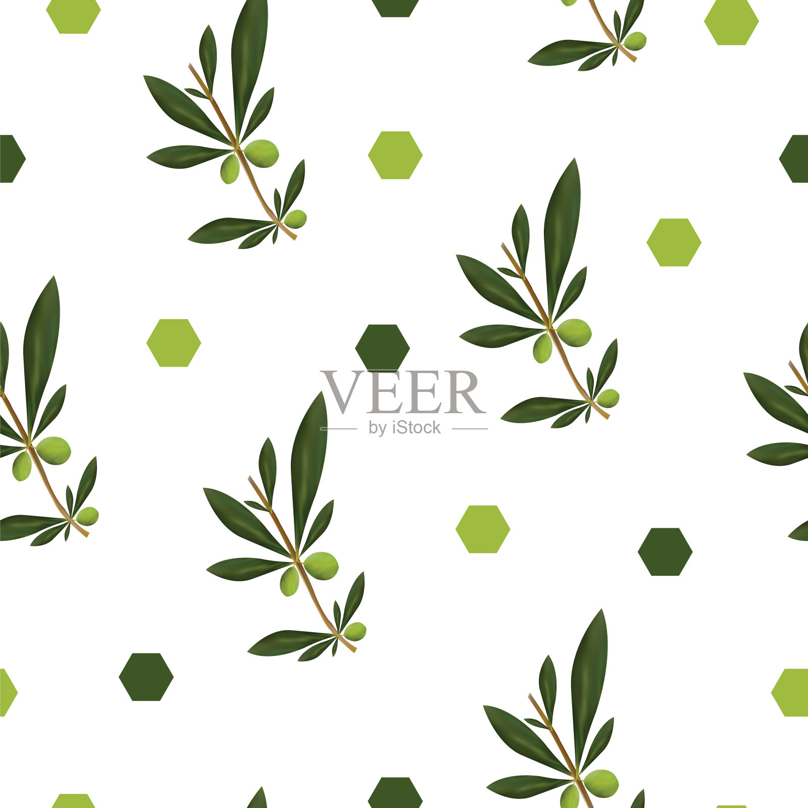 无缝图案与绿色橄榄树向量-花卉图案插画图片素材