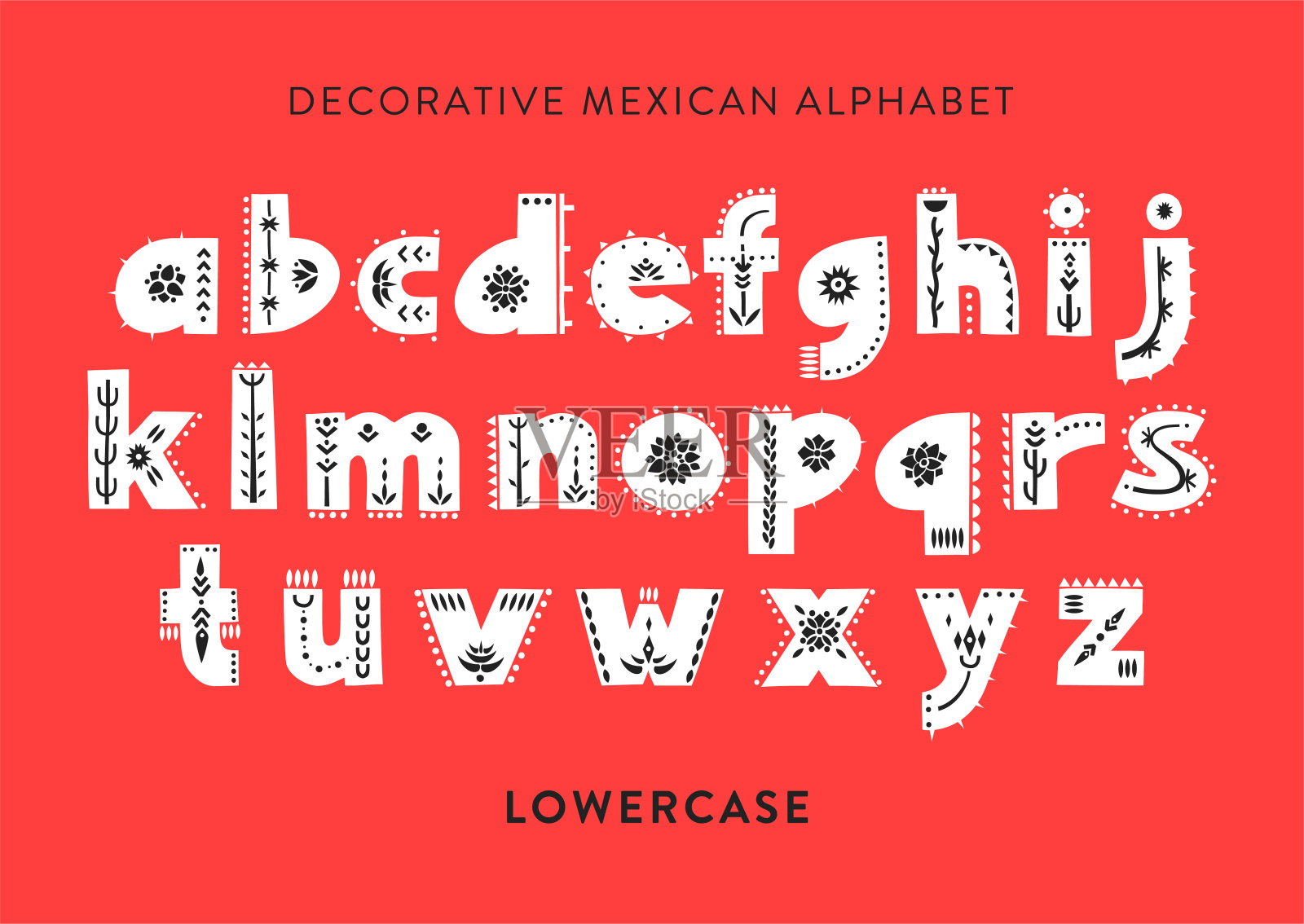 矢量图案字母装饰与民间墨西哥装饰品。在红色背景上显示小写字体。插画图片素材