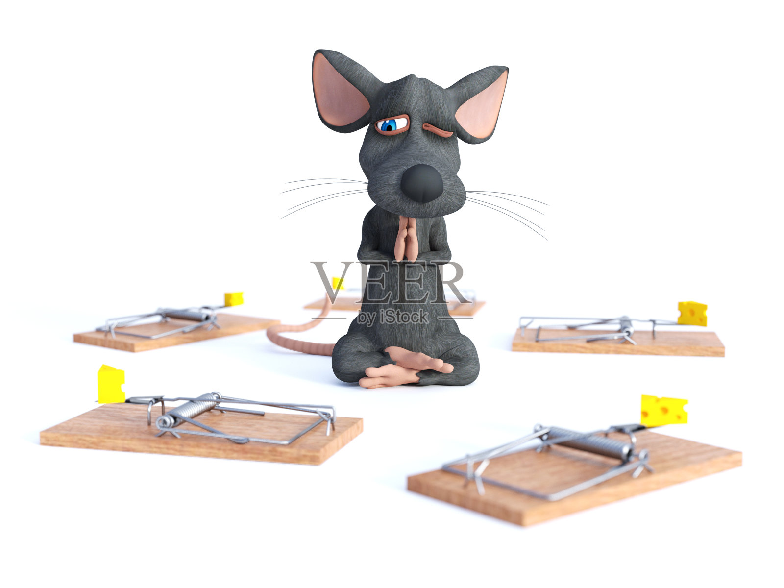 一个做瑜伽的卡通老鼠的3D渲染。照片摄影图片