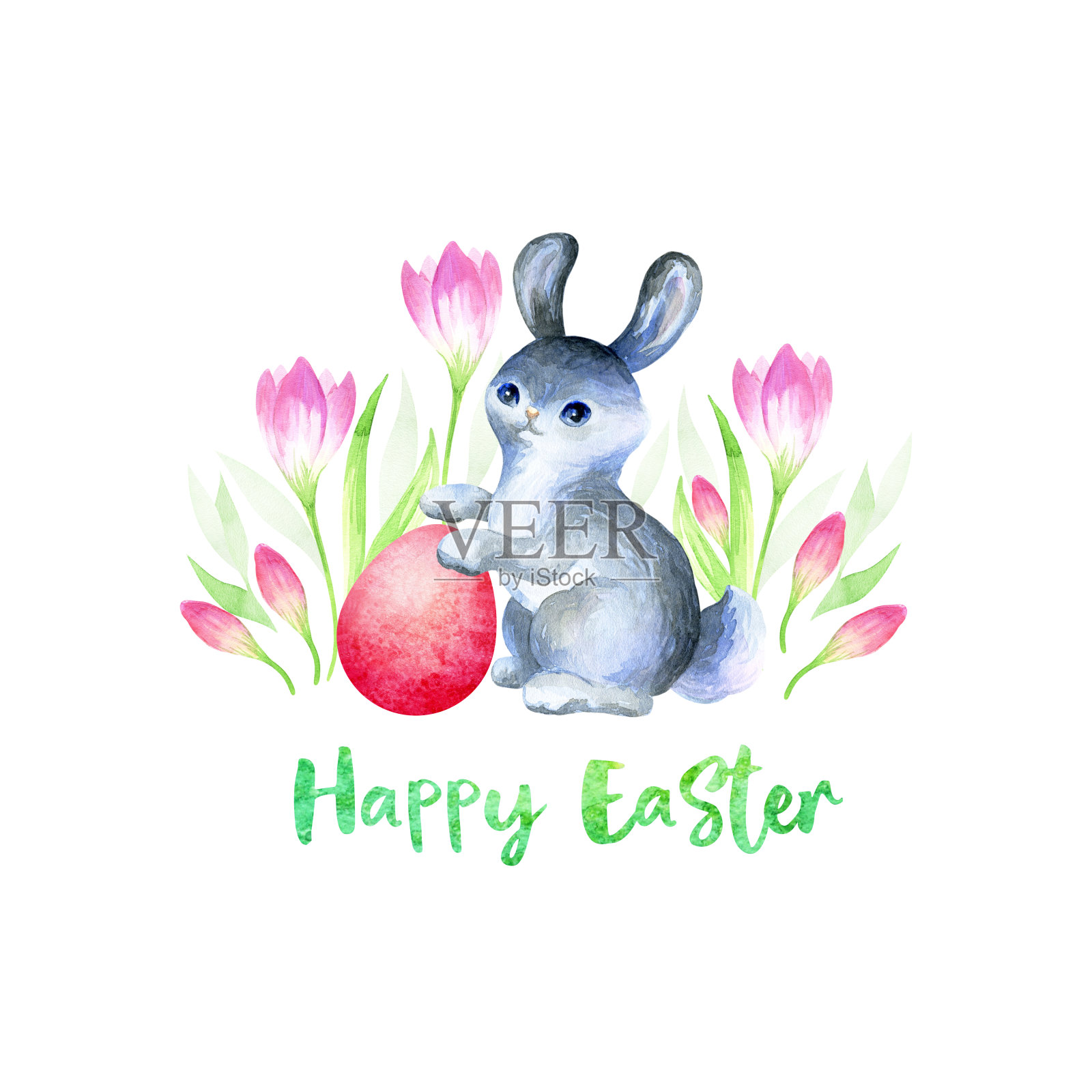 手绘复活节设计与可爱的兔子在一个白色的背景。水彩画。设计元素图片