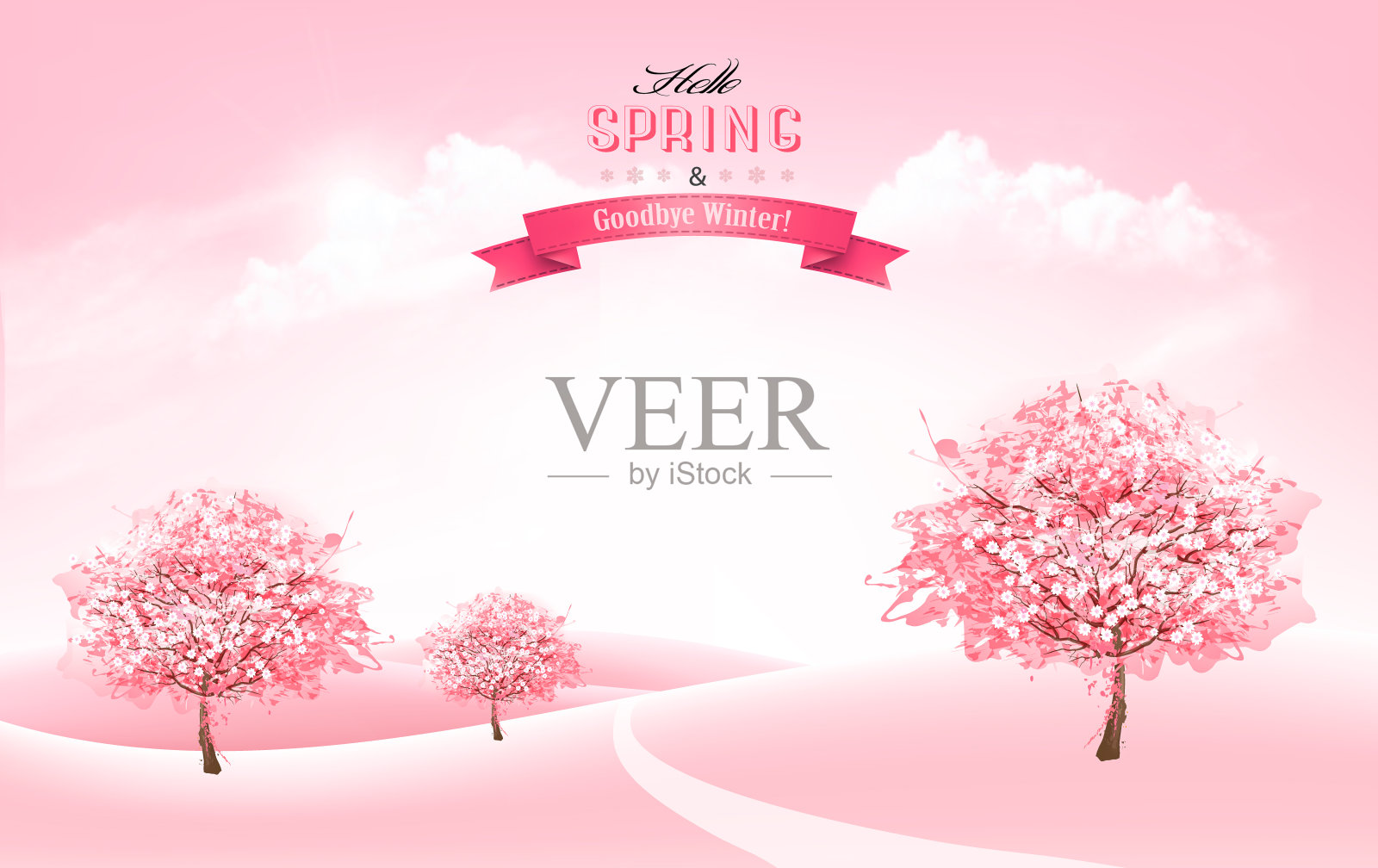 美丽的春天自然背景与盛开的樱花树和景观。向量。插画图片素材