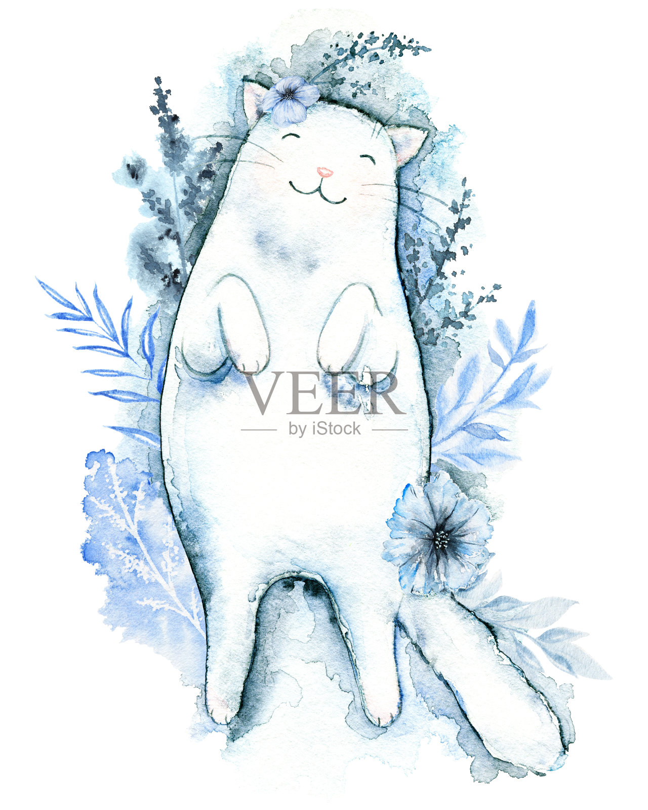 水彩画白猫睡在花上插画图片素材