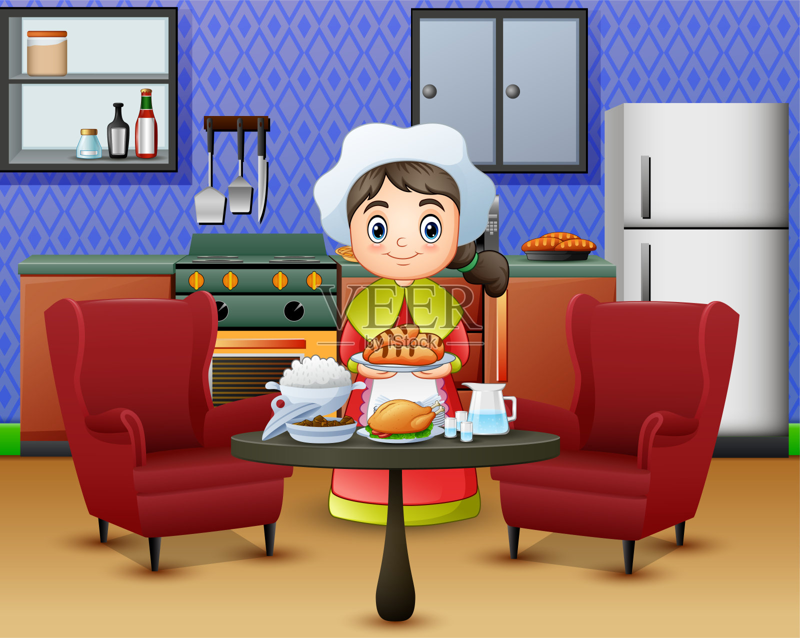 卡通可爱的小女孩戴着厨师帽，拿着食物插画图片素材